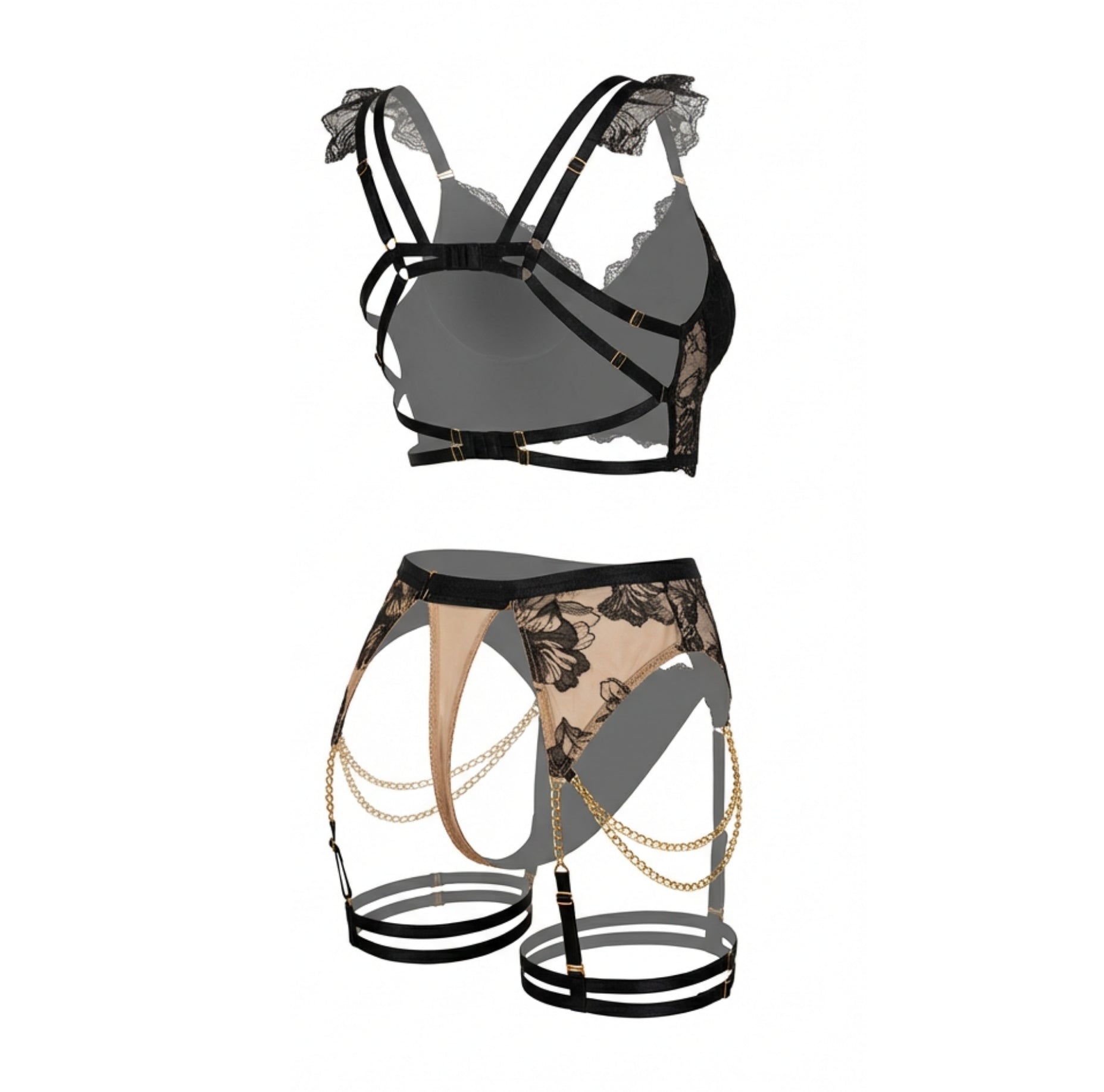 Black Embroidered Bra Suspender Belt And G-String Set - Marelia