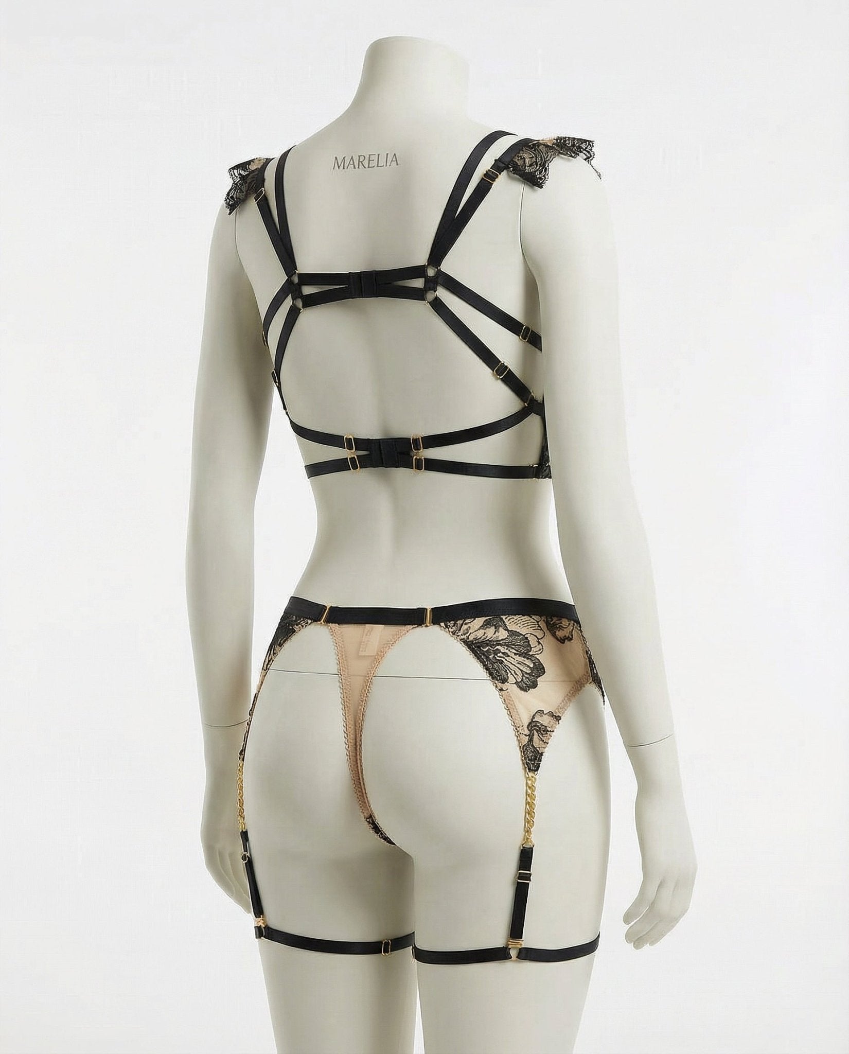 Black Embroidered Bra Suspender Belt And G-String Set - Marelia