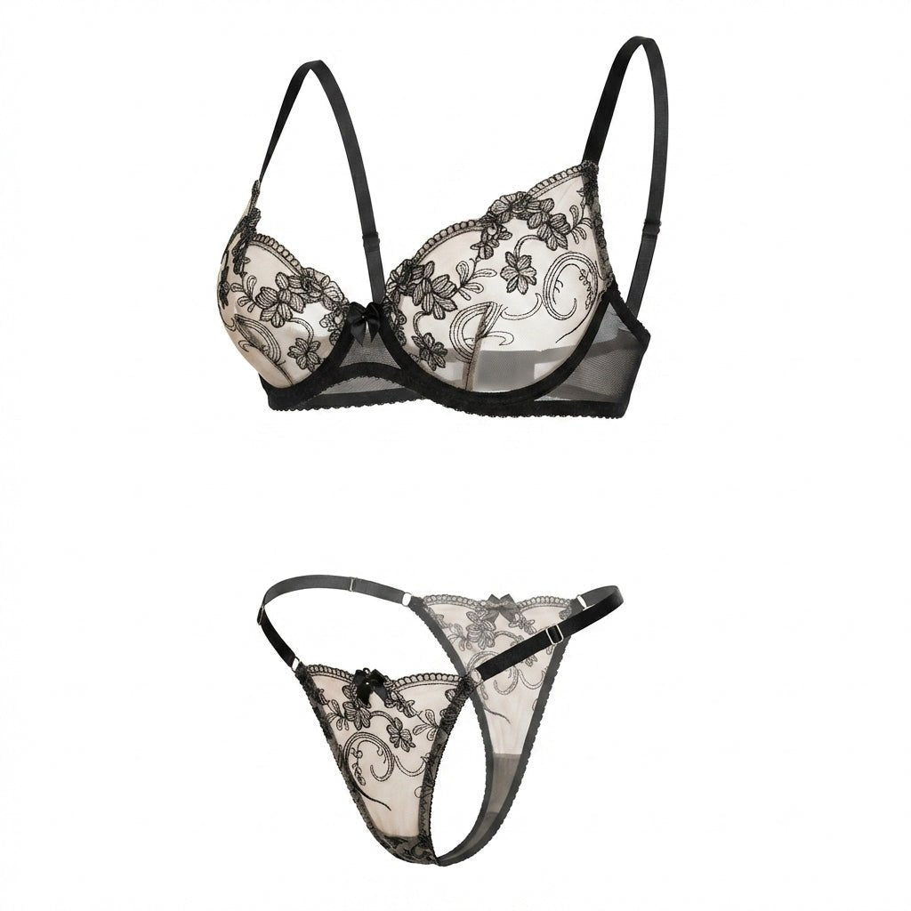 Black Embroidered Floral Lace Underwire Bra And Thong Set - MARELIA
