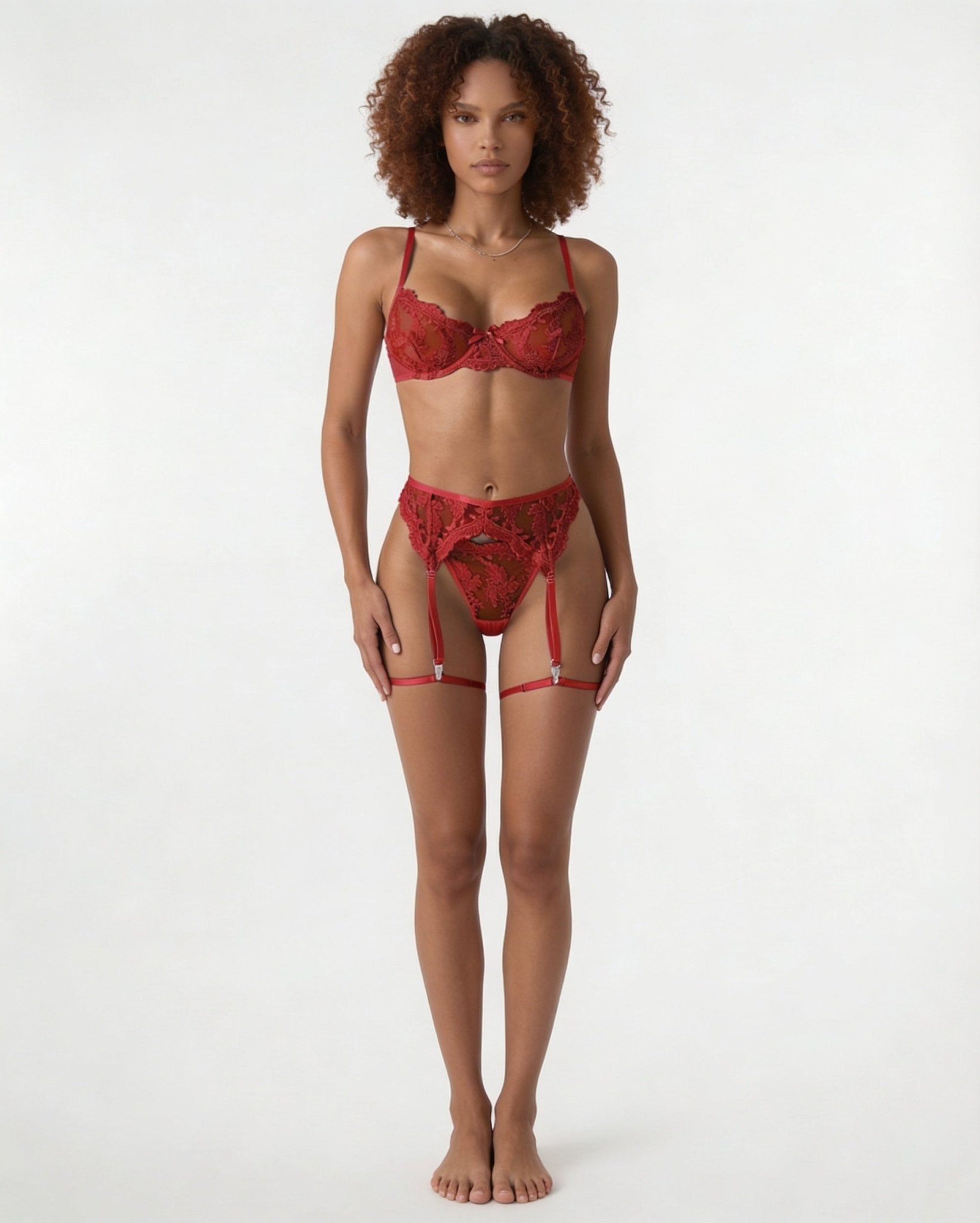 Red Embroidered Lace Bra Garter Belt Thong Set - MARELIA