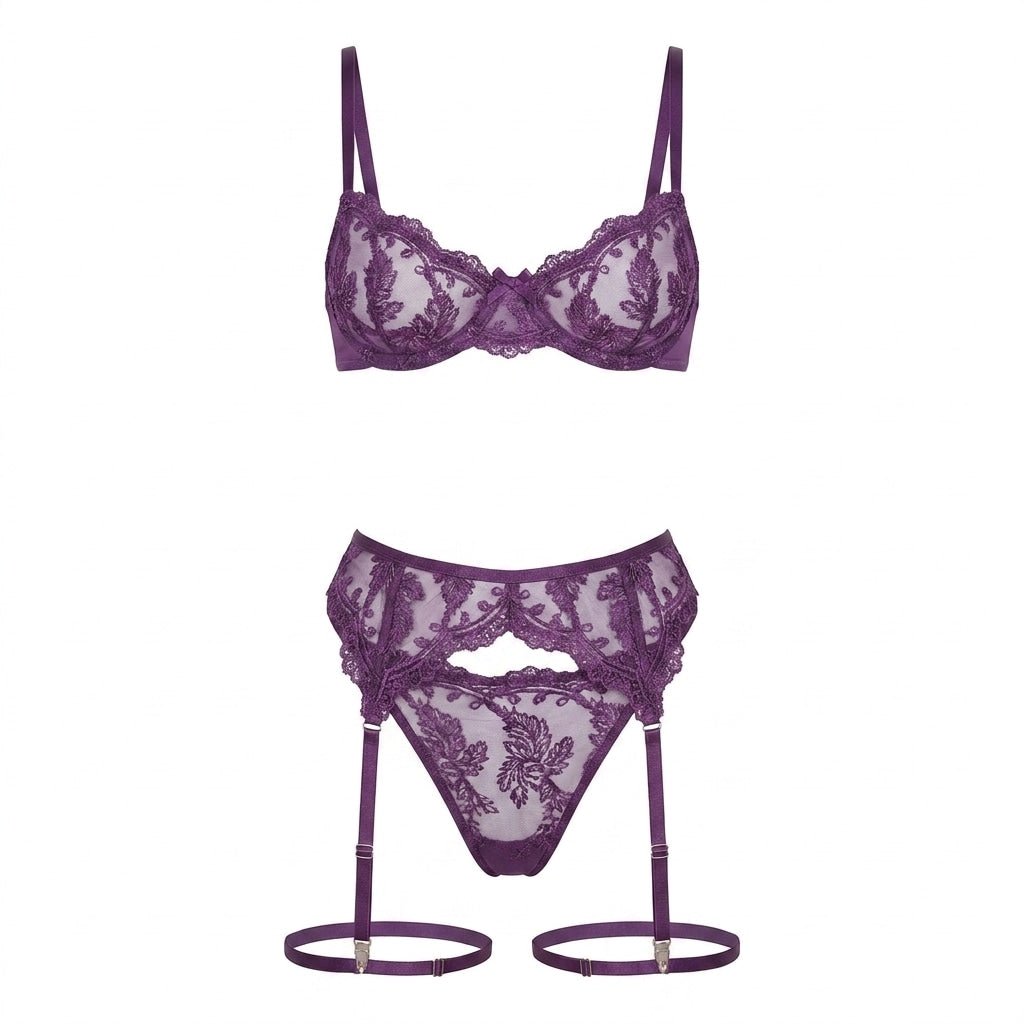 Purple Embroidered Lace Bra Garter Belt Thong Set - MARELIA