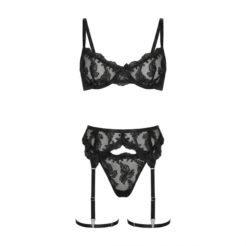 Black Embroidered Lace Bra Garter Belt Thong Set - MARELIA