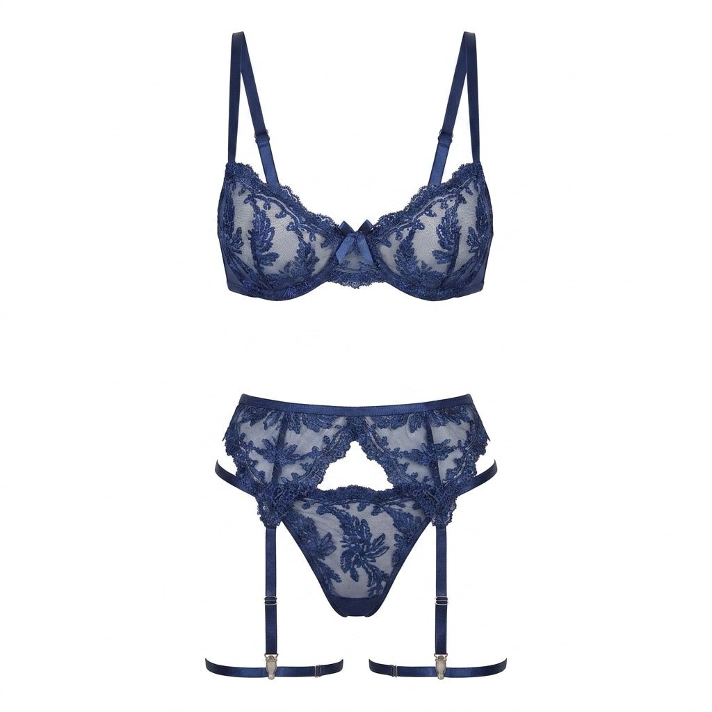 Navy Embroidered Lace Bra Garter Belt Thong Set - MARELIA