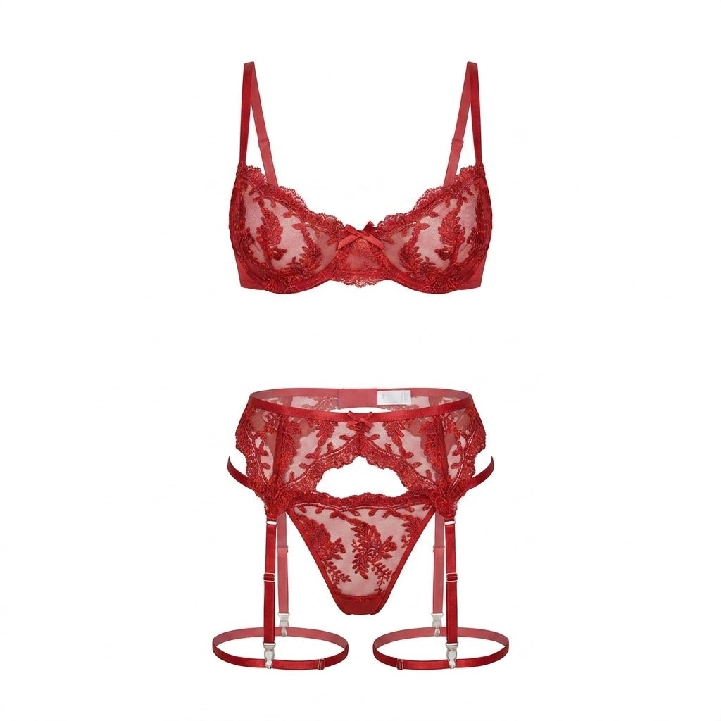 Red Embroidered Lace Bra Garter Belt Thong Set - MARELIA