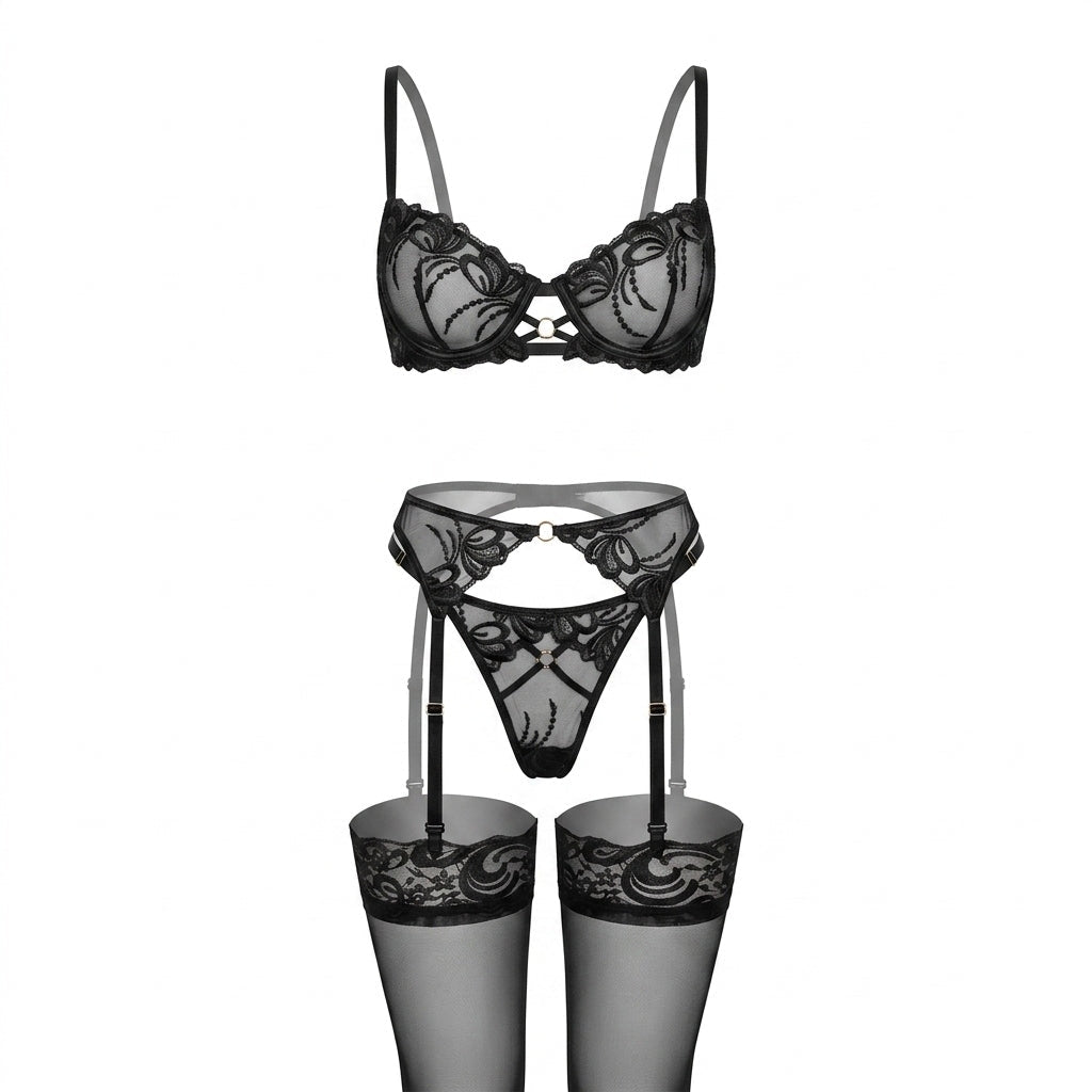 Black Embroidered Lace Underwired Four Piece Lingerie Set - MARELIA