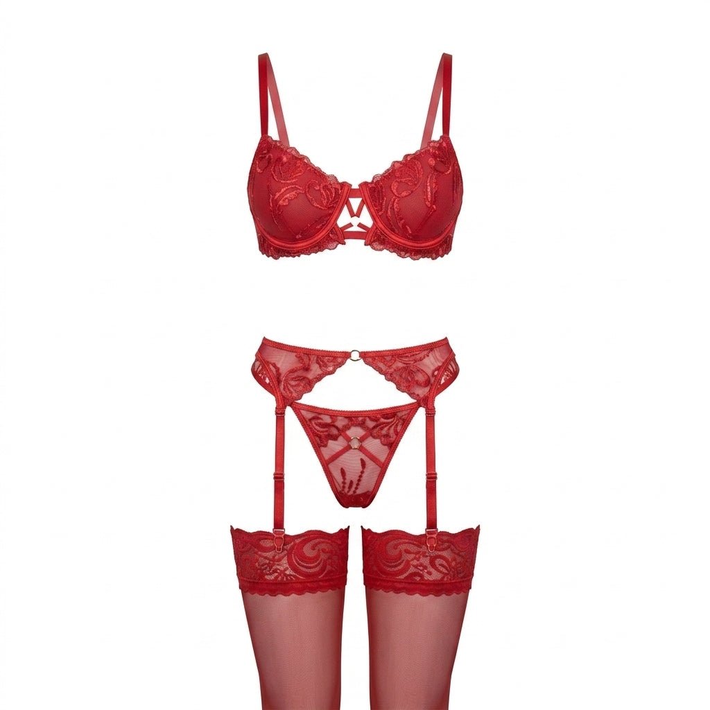 Red Embroidered Lace Underwired Four Piece Lingerie Set - MARELIA