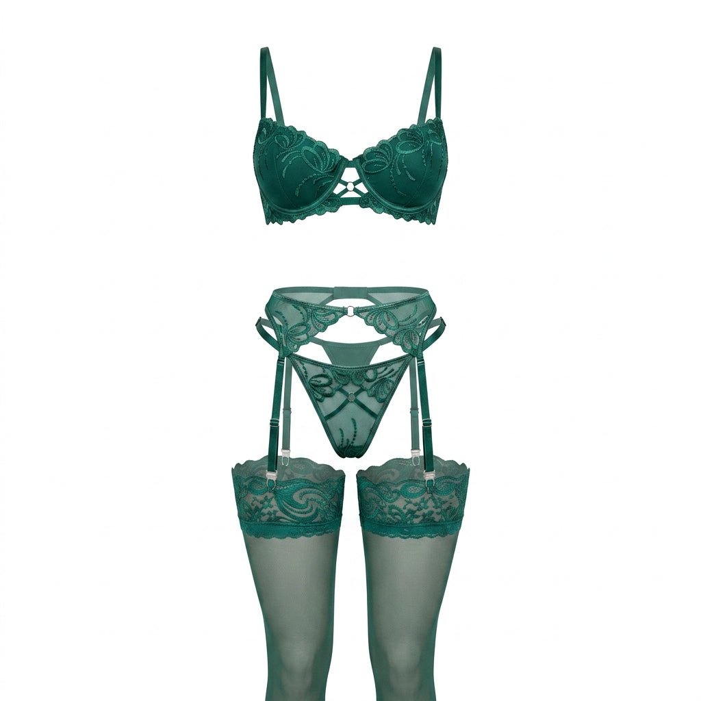 Green Embroidered Lace Underwired Four Piece Lingerie Set - MARELIA