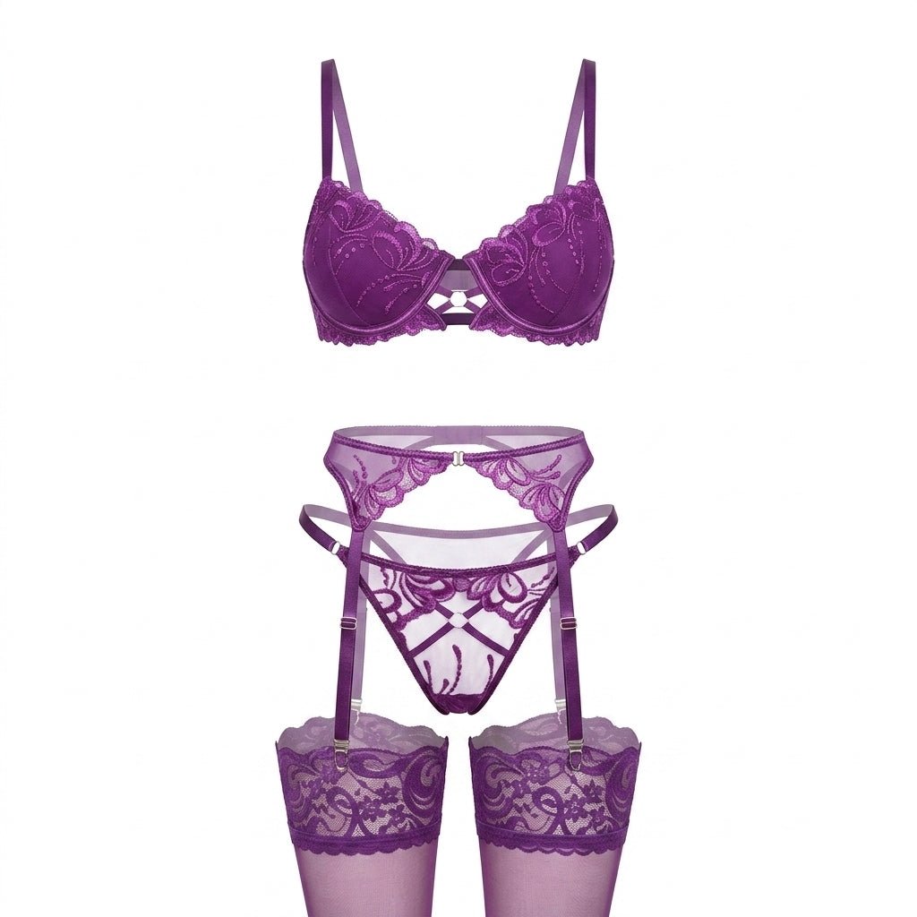 Purple Embroidered Lace Underwired Four Piece Lingerie Set - MARELIA
