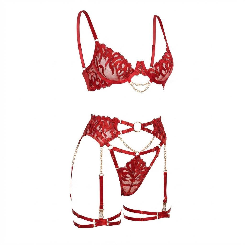 Red Embroidered Mesh 4 Piece Lingerie Set With Chain - MARELIA
