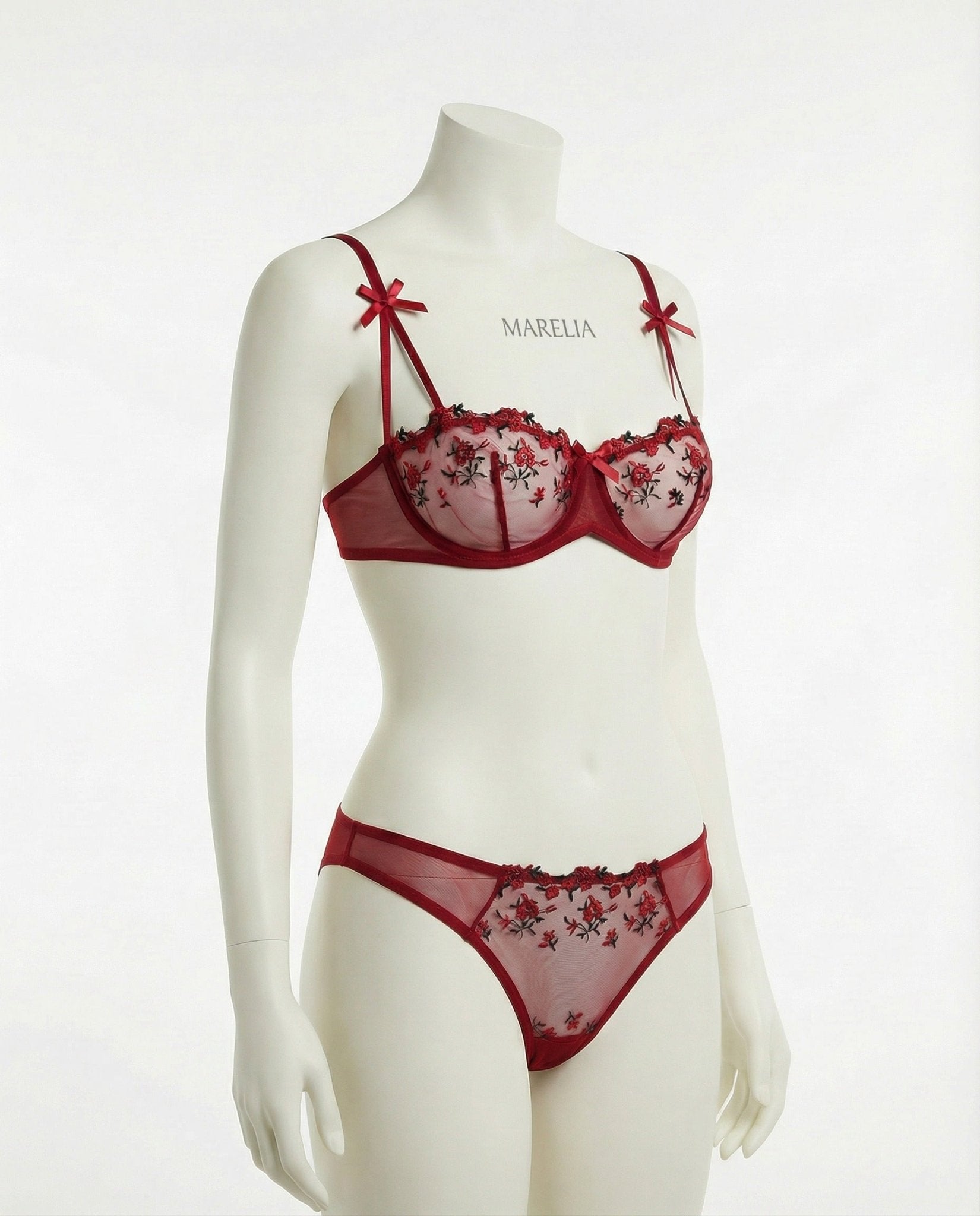Burgundy mesh bra and brief set front three-quarter view