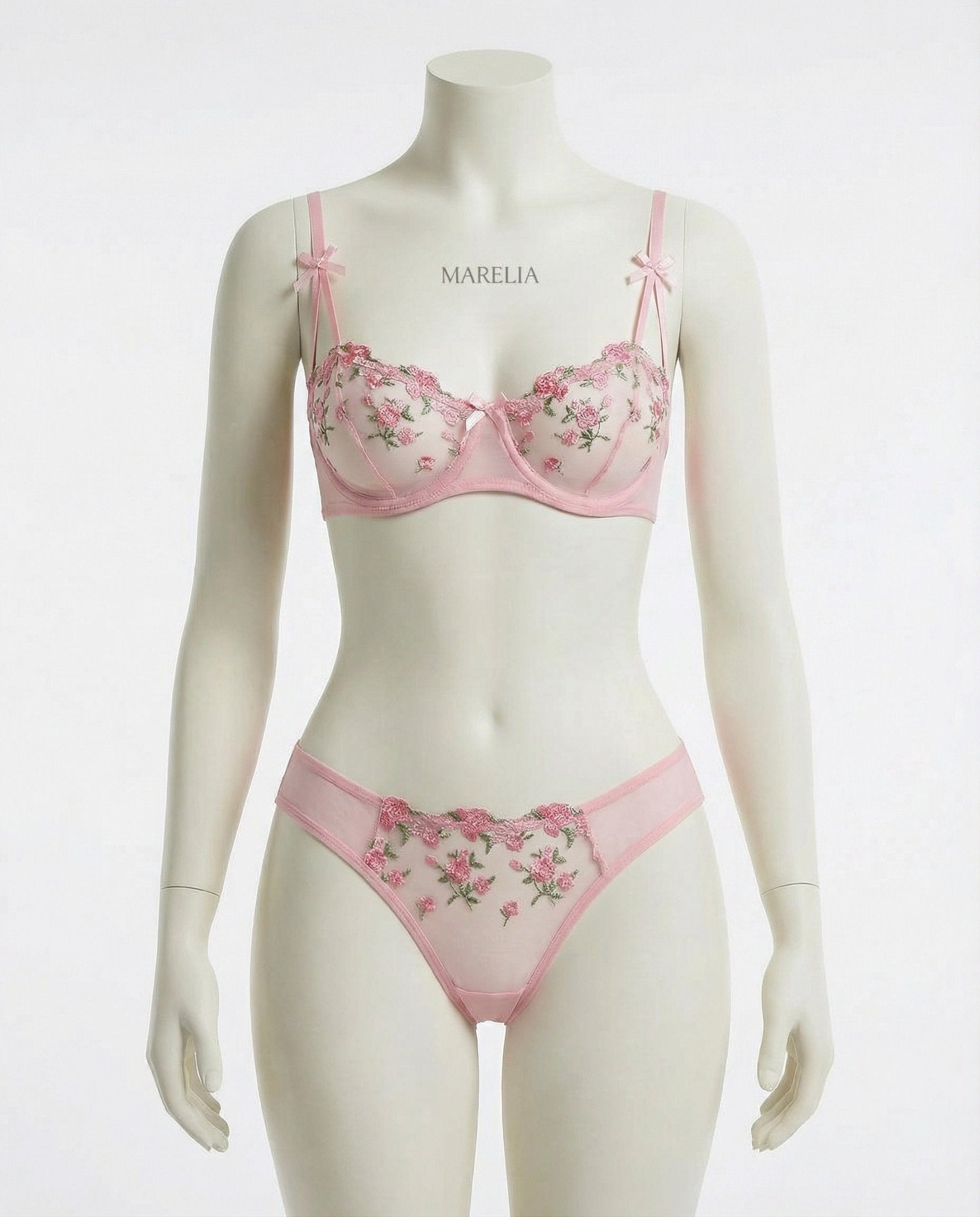 Pink floral embroidered bra front close-up with bow detail