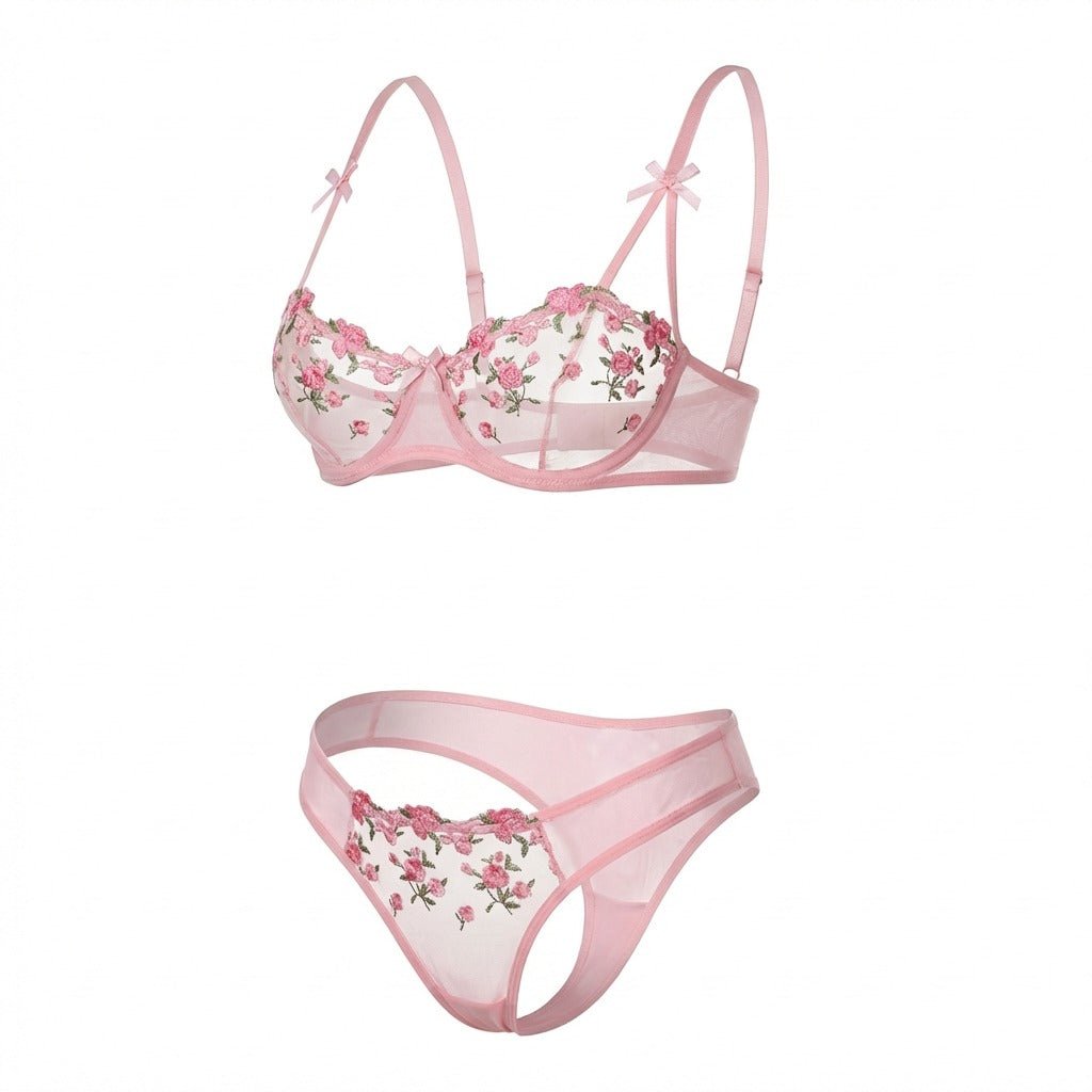 Pink embroidered mesh lingerie set back view