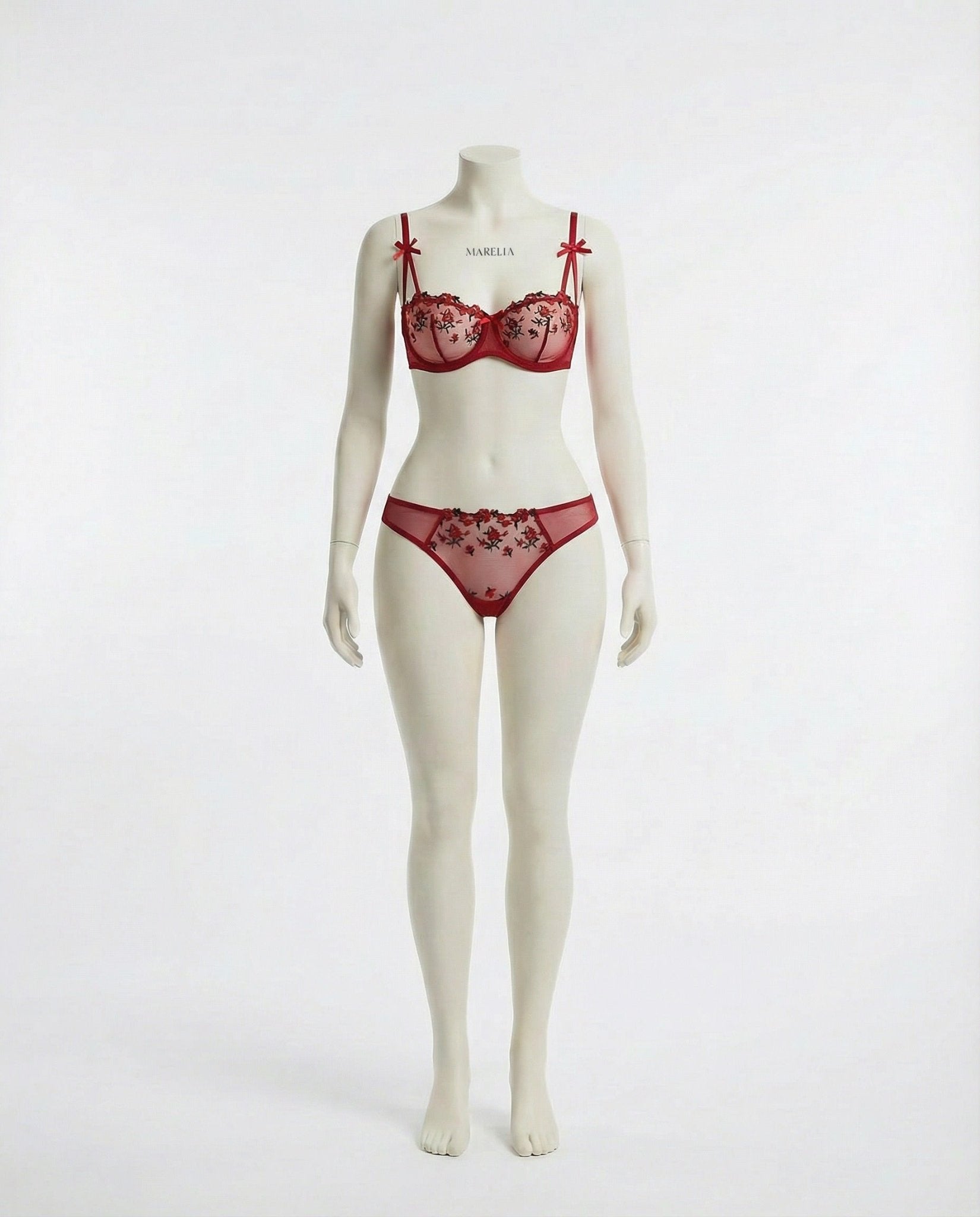 Burgundy embroidered mesh bra and brief full front view