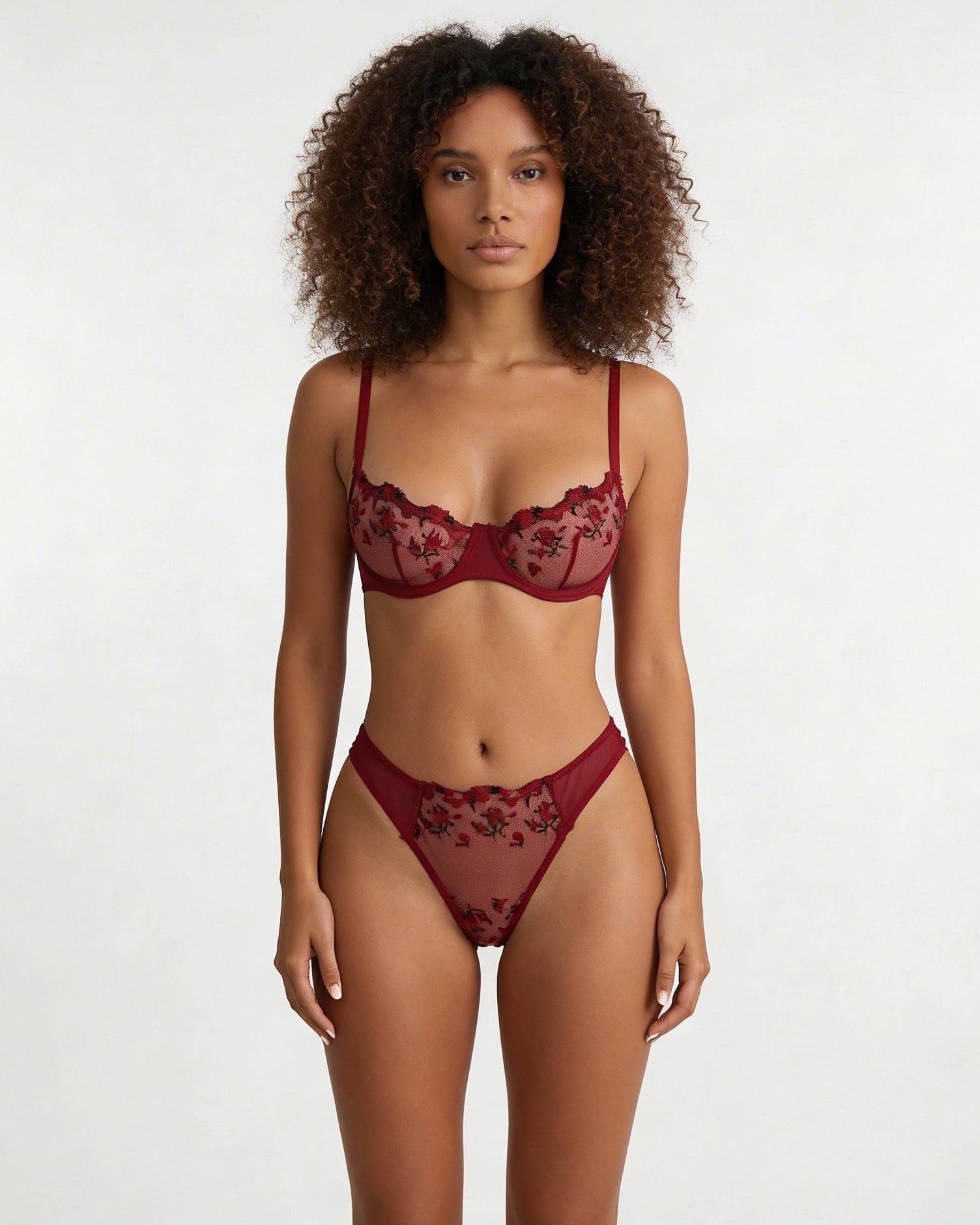 Burgundy Embroidered Mesh Lingerie Set With Balconette Bra - MARELIA