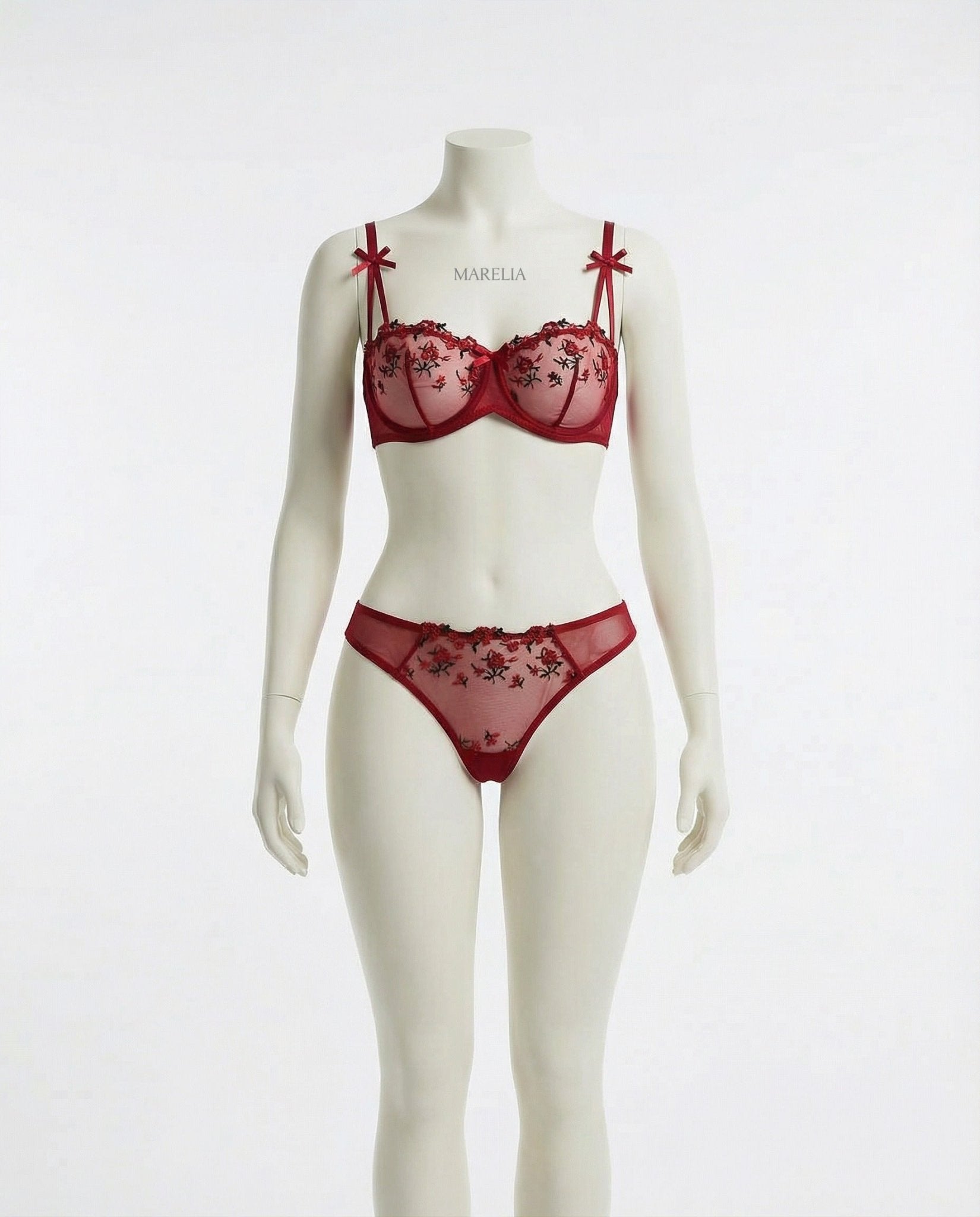 Burgundy floral embroidered bra front close-up with double strap detail