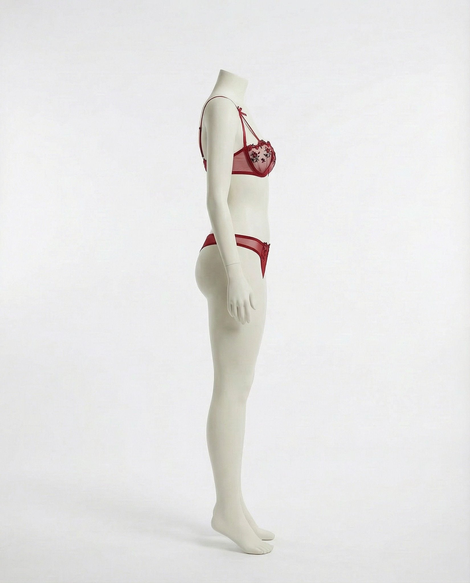 Burgundy mesh lingerie set side profile view