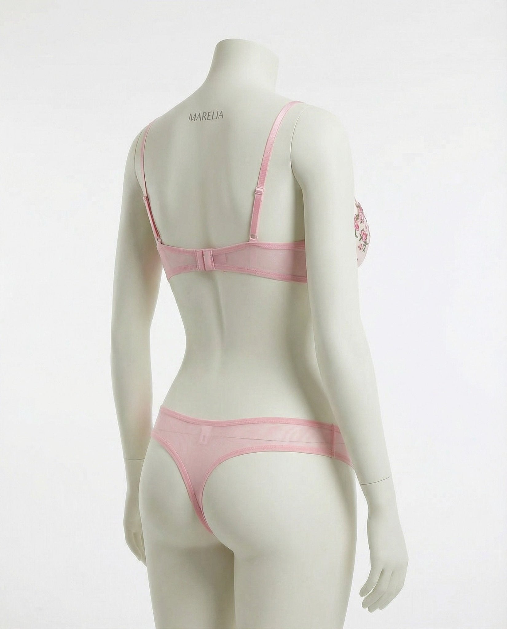 Pink mesh lingerie set back three-quarter view