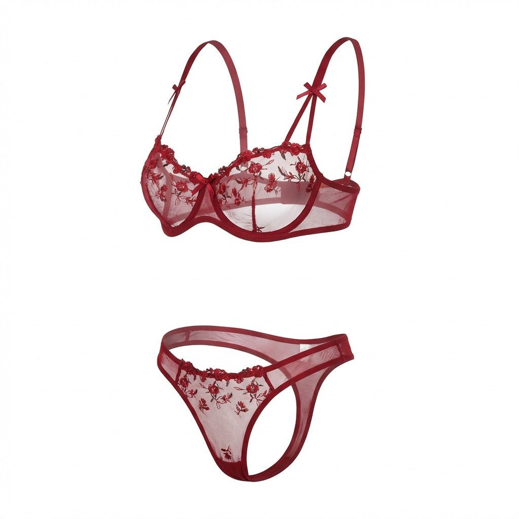 Burgundy embroidered mesh lingerie set back view