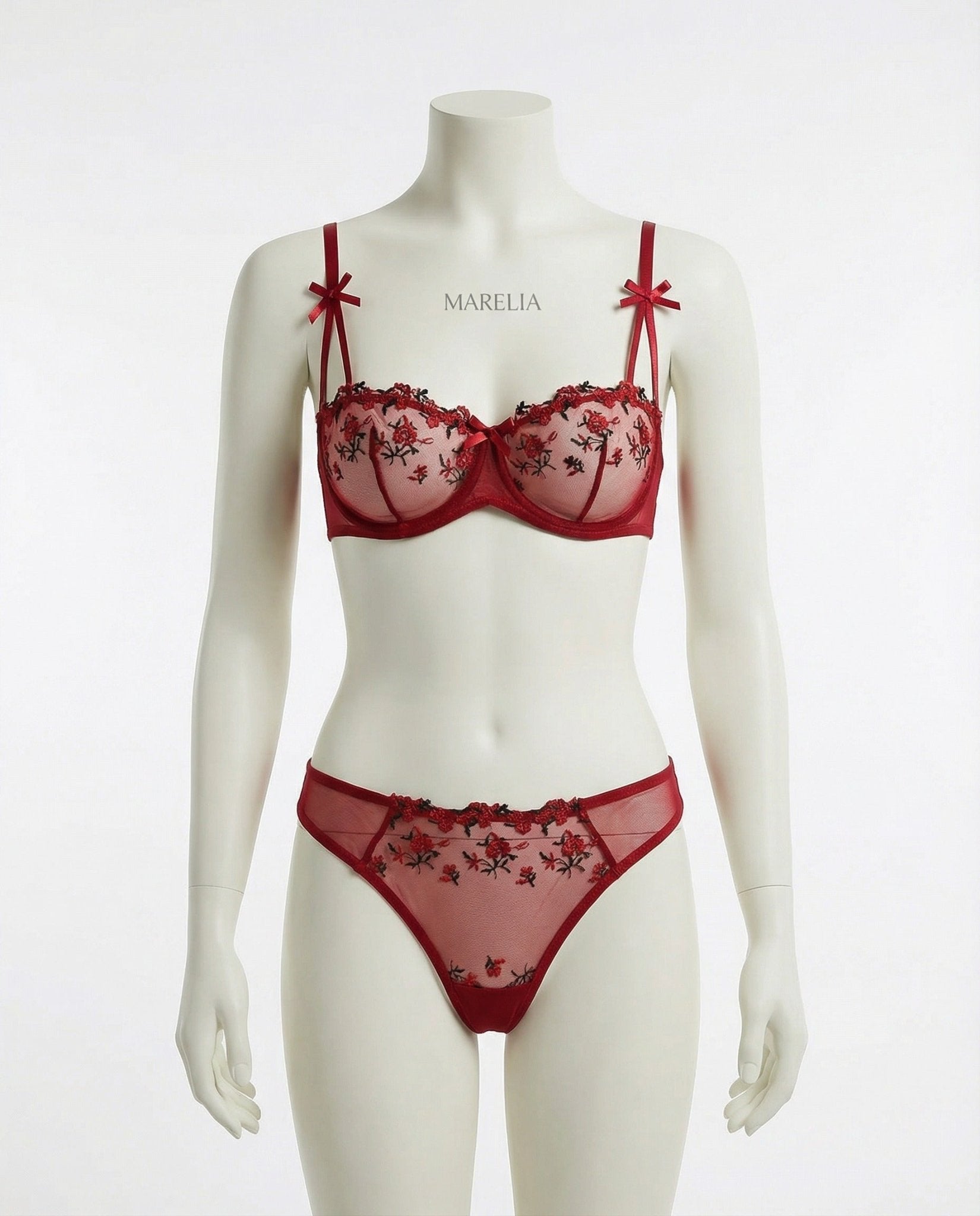 Burgundy embroidered mesh lingerie set front view on mannequin