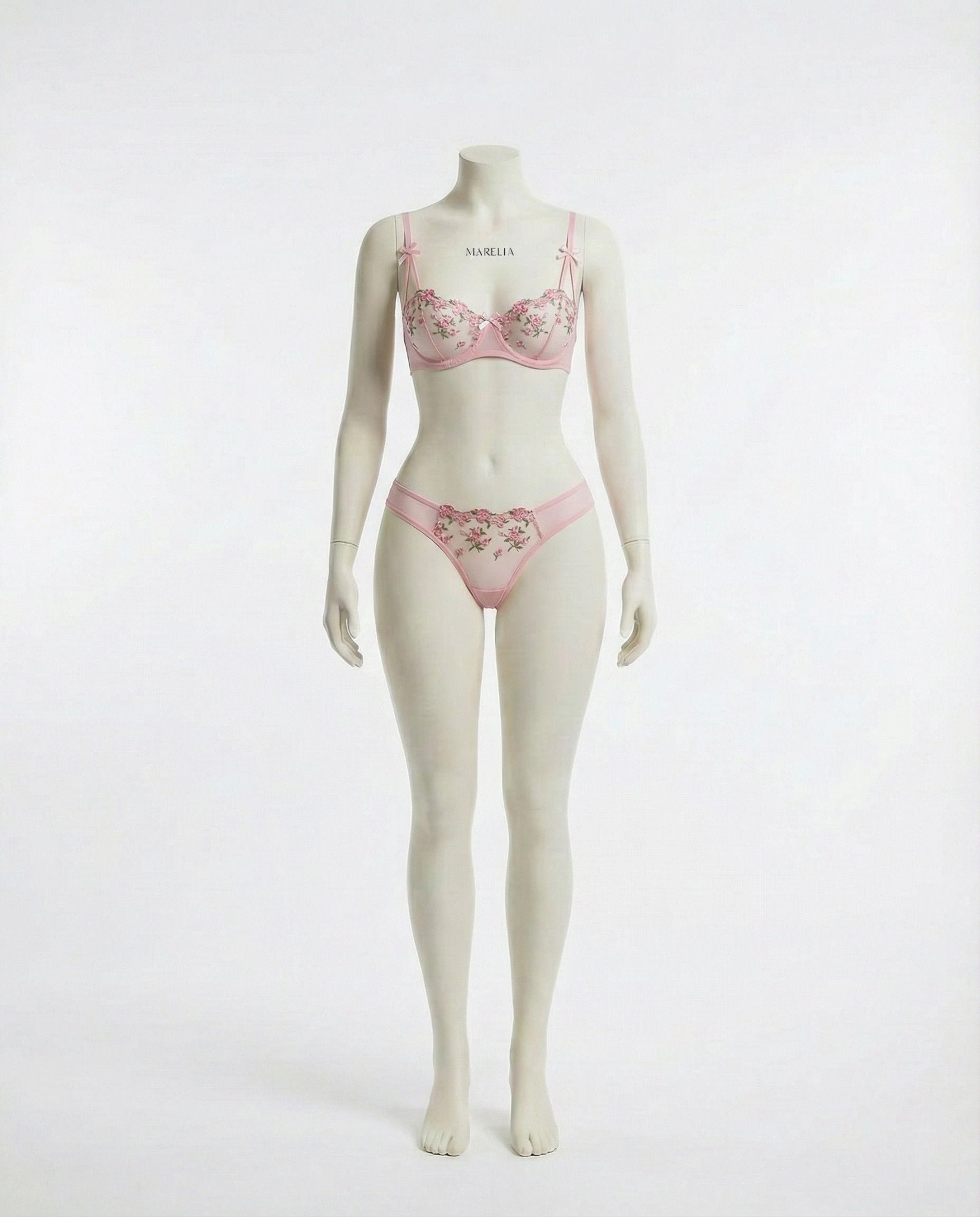 Pink embroidered mesh lingerie set full front view