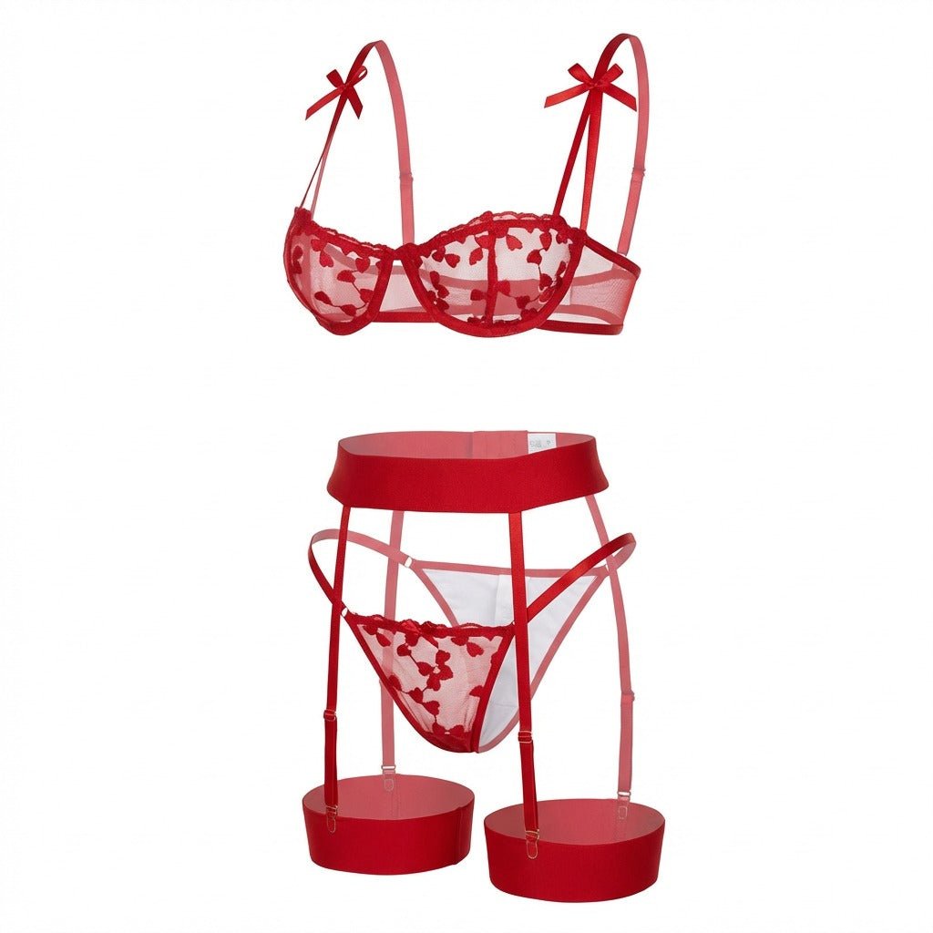 red embroidered mesh lingerie set ghost mannequin