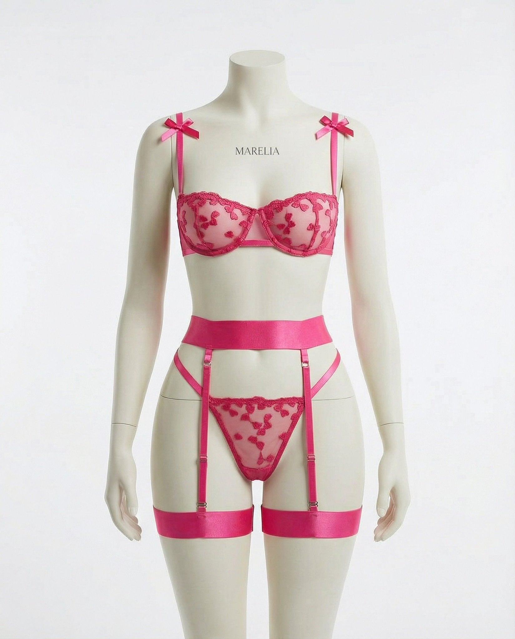 fuchsia pink embroidered mesh lingerie set product view