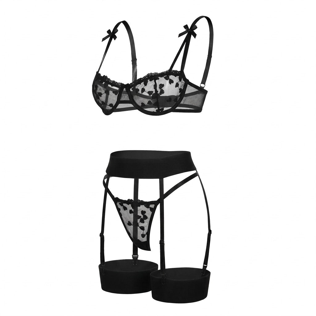 black embroidered mesh lingerie set ghost mannequin