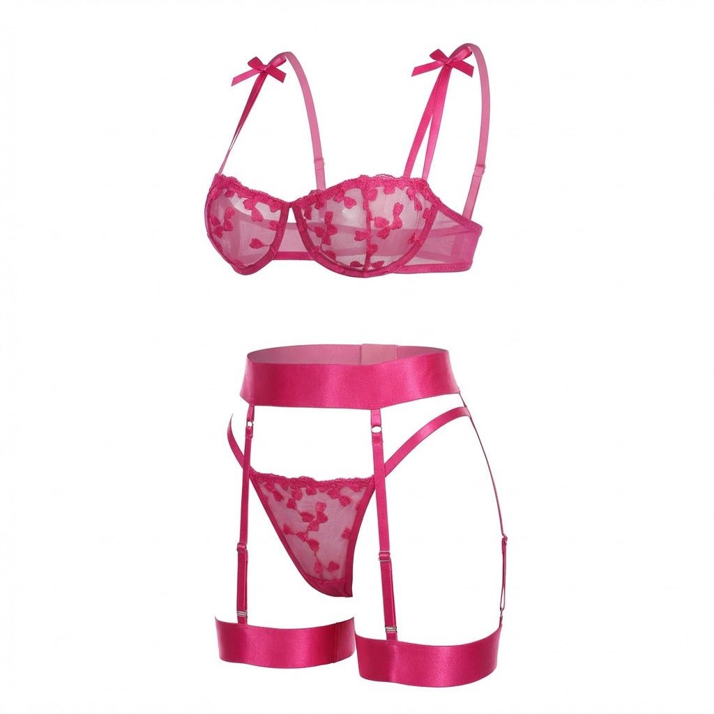 fuchsia pink embroidered mesh lingerie set ghost mannequin