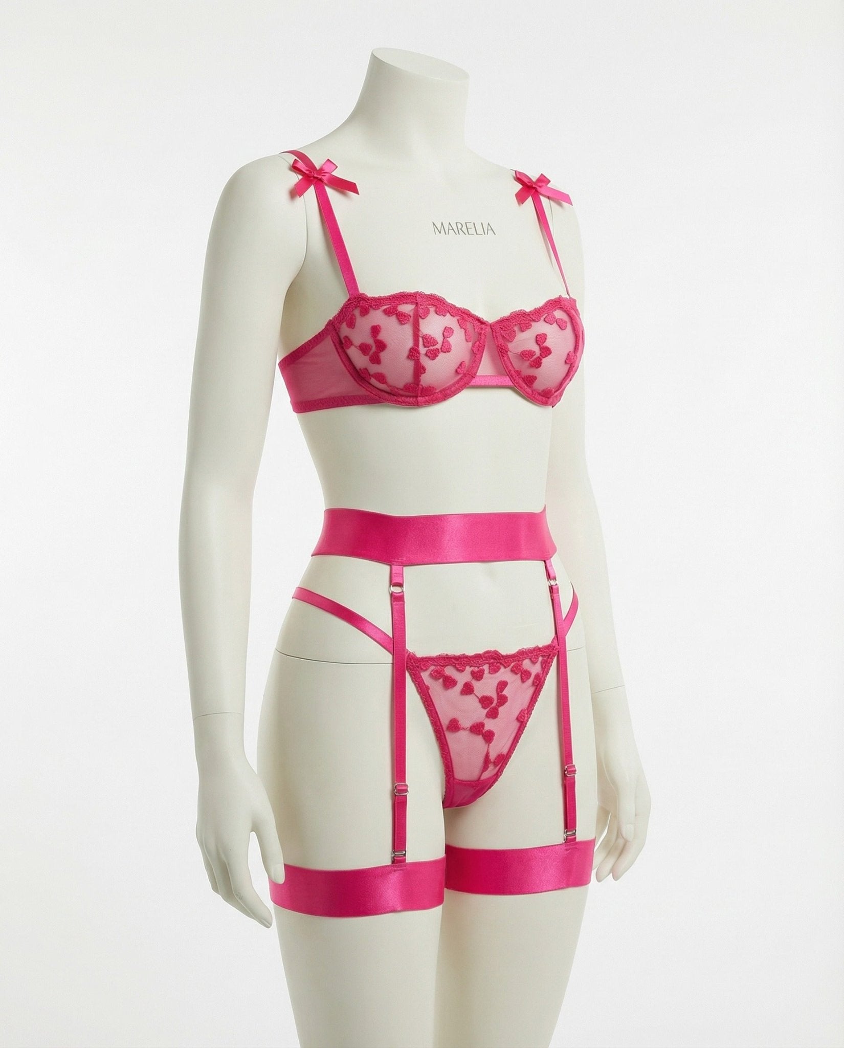 fuchsia pink embroidered mesh lingerie set product view 2