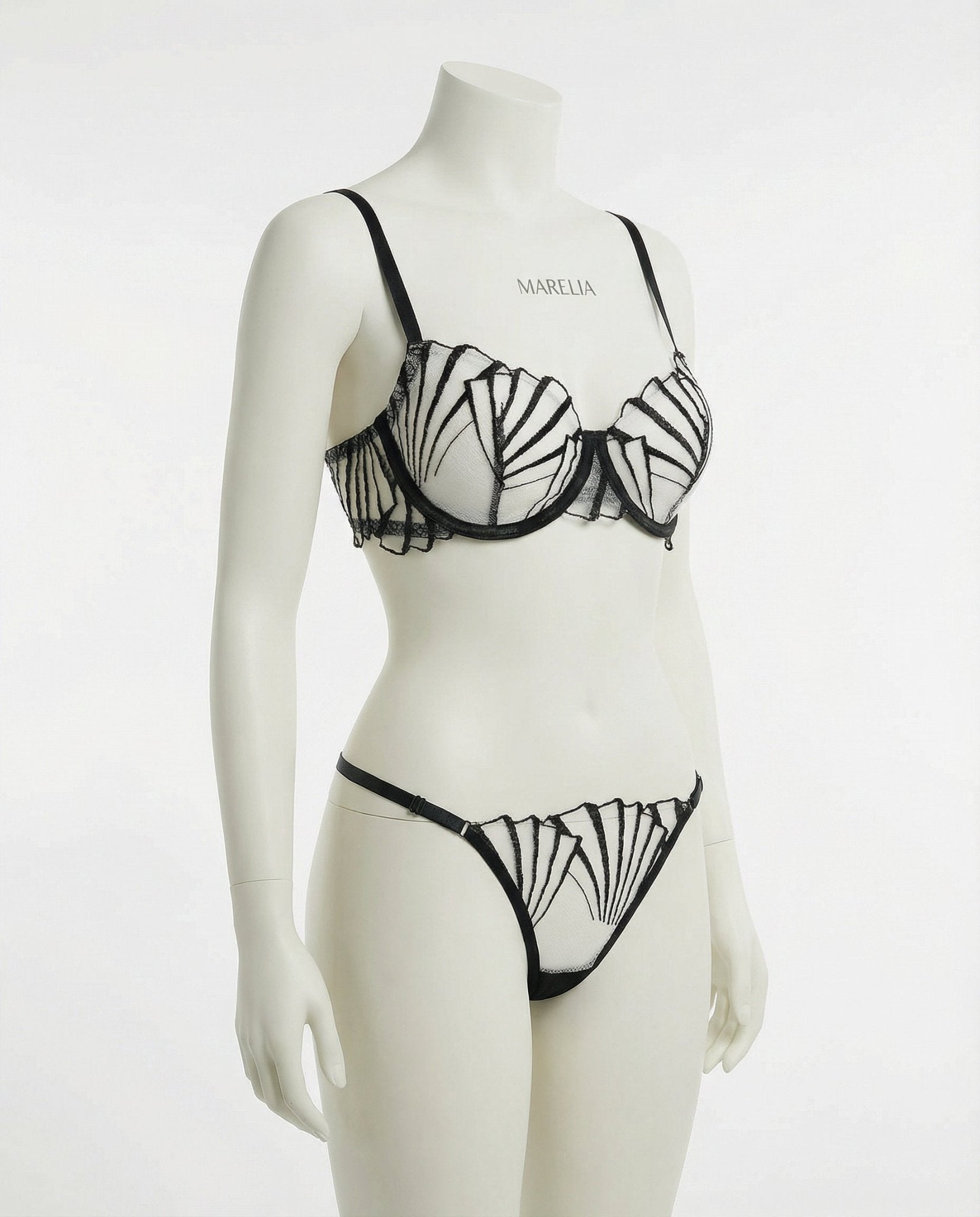 Black Embroidered Underwire Bra And Thong Set - Marelia