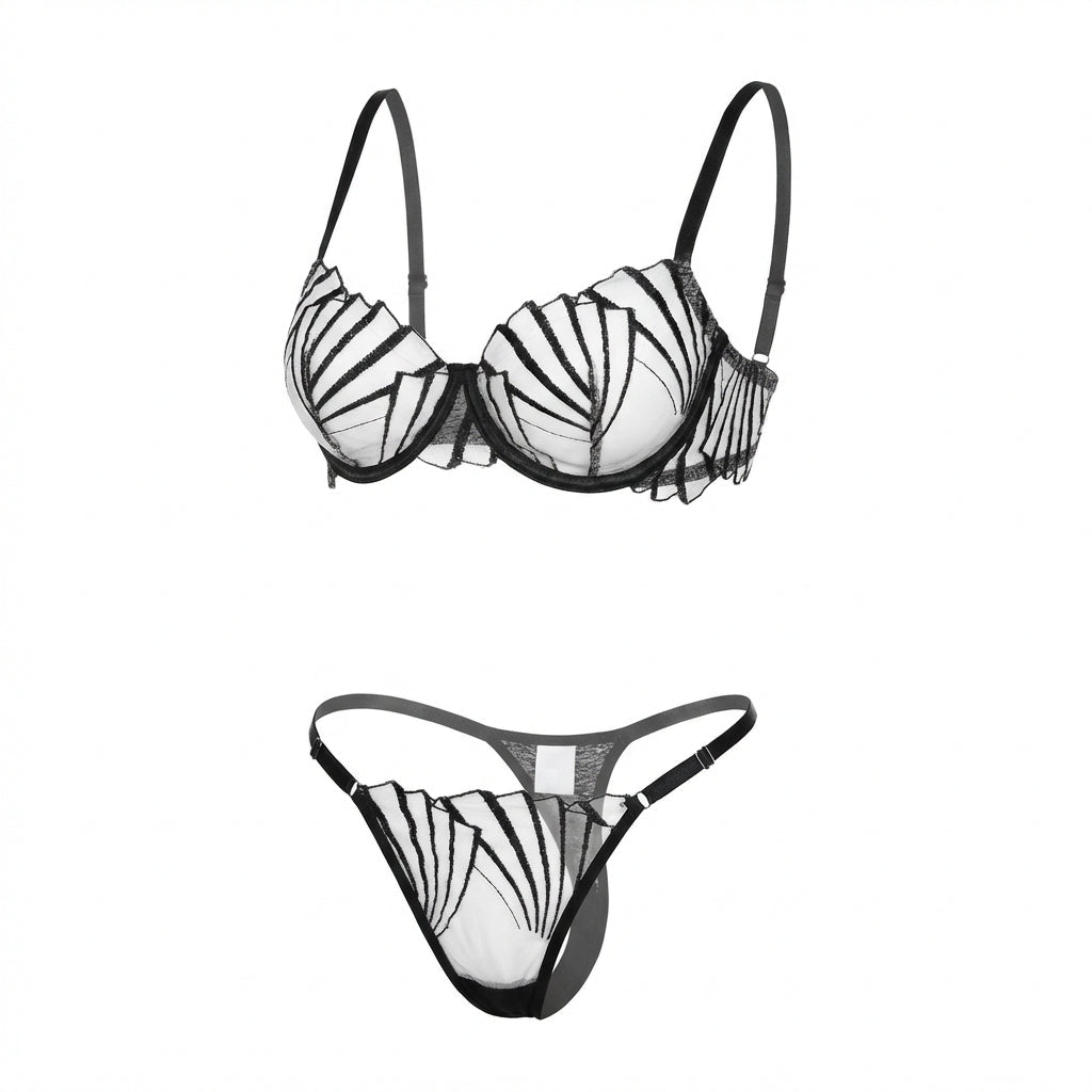 Black Embroidered Underwire Bra And Thong Set - Marelia