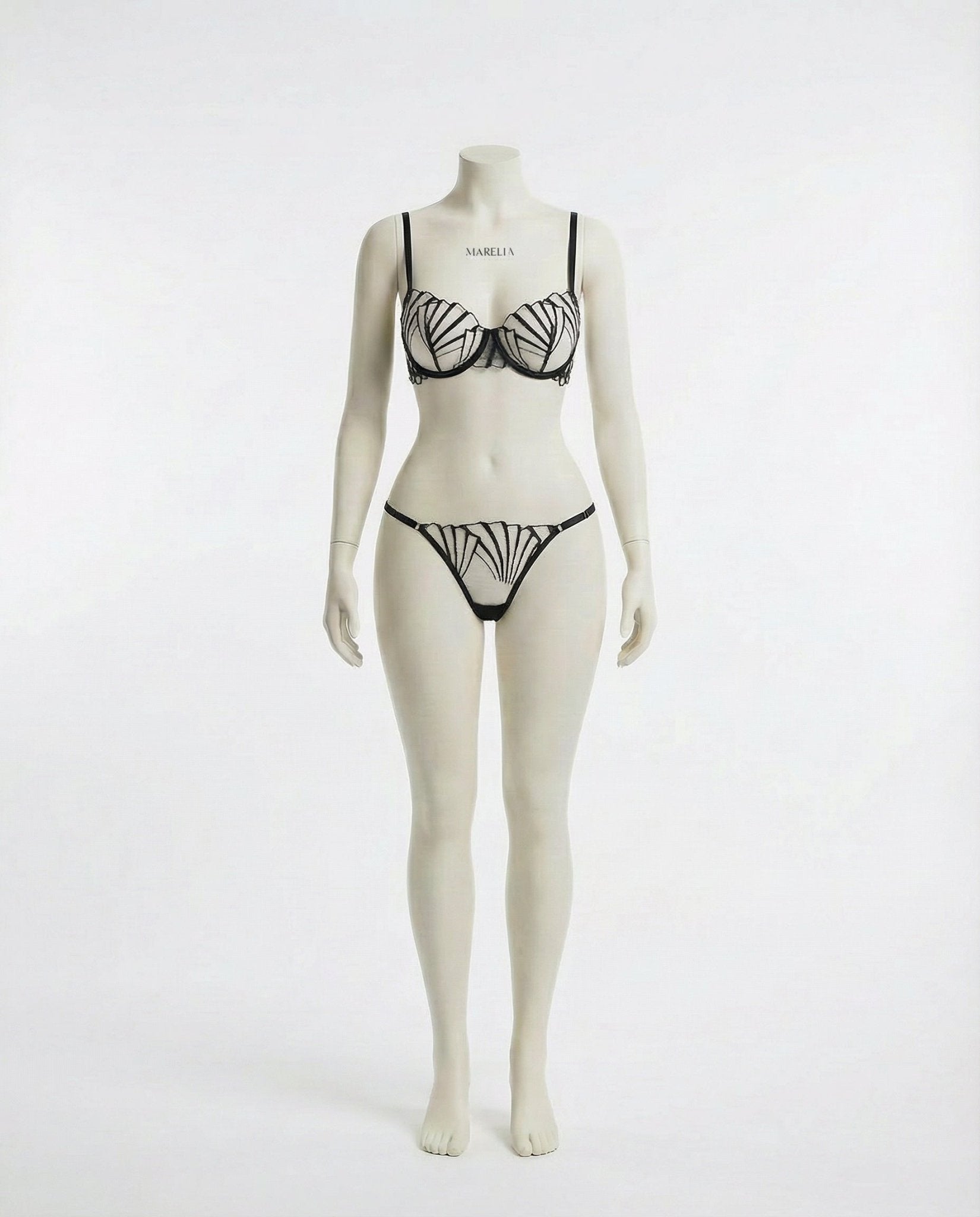 Black Embroidered Underwire Bra And Thong Set - Marelia