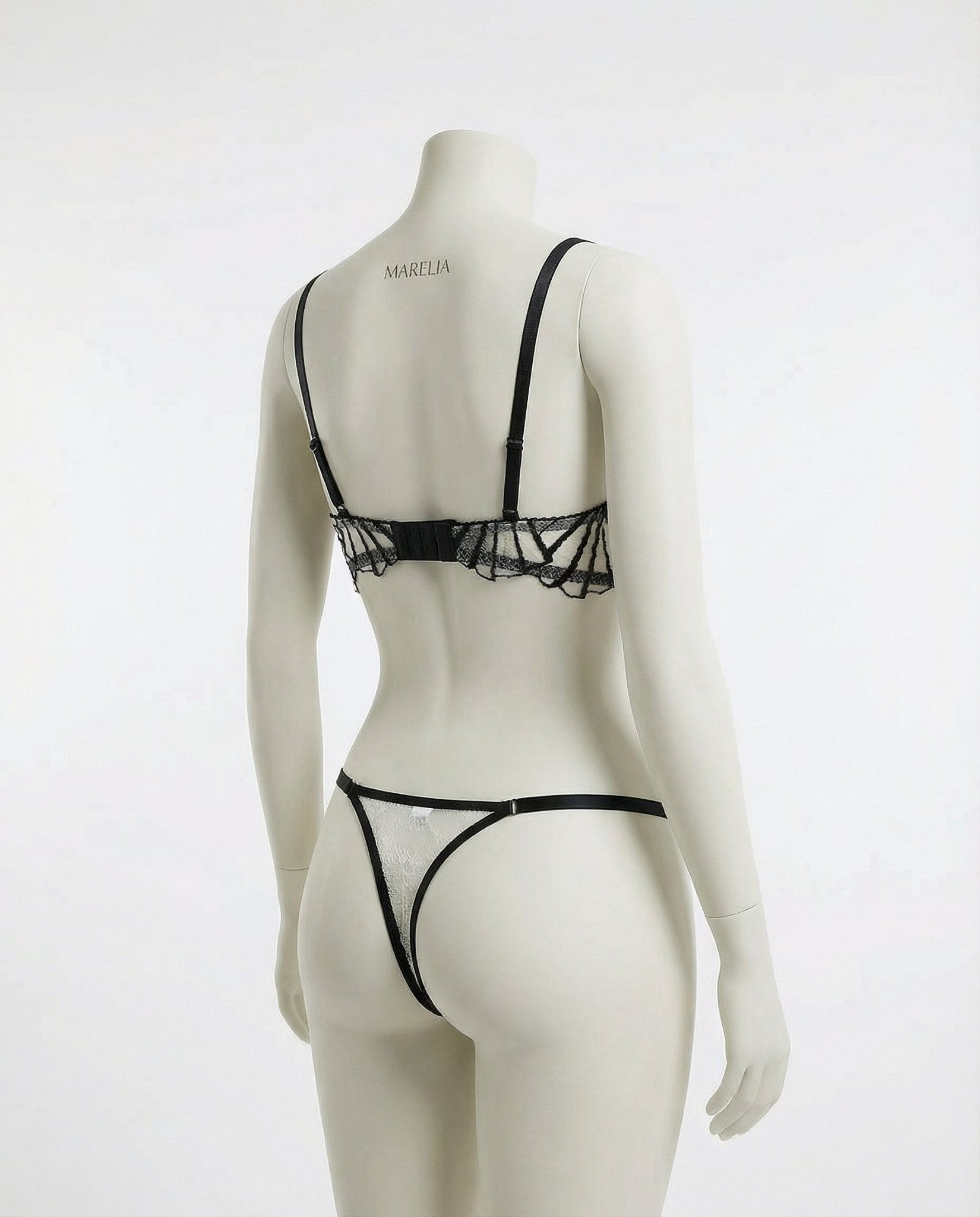 Black Embroidered Underwire Bra And Thong Set - Marelia