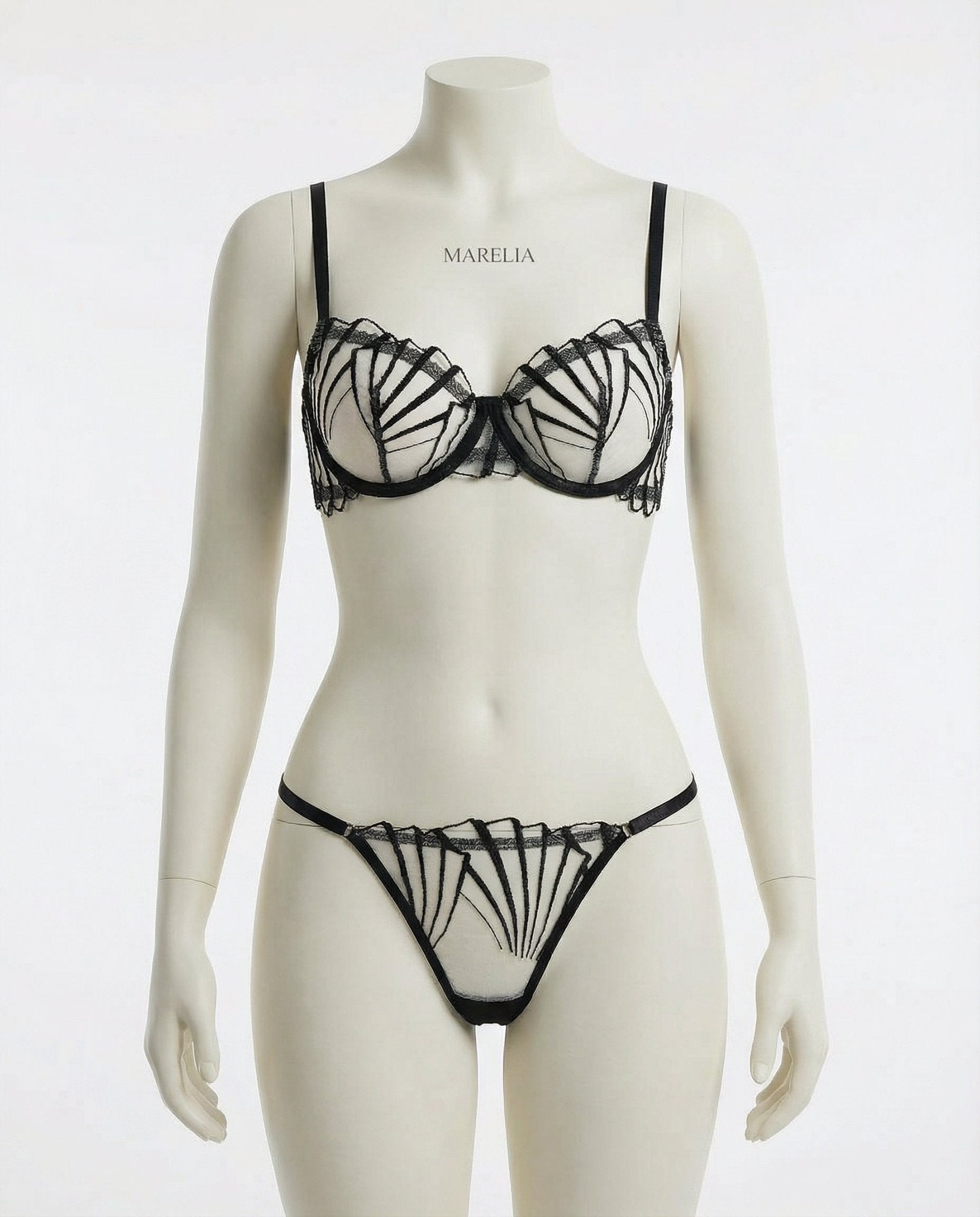 Black Embroidered Underwire Bra And Thong Set - Marelia
