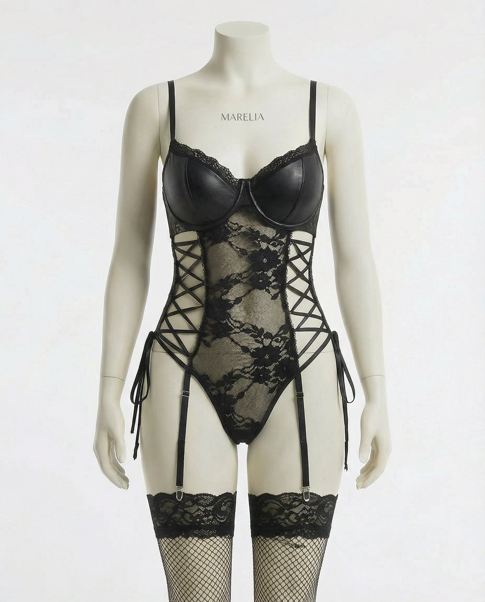 Black Faux Leather And Lace Bodysuit With Suspender Belt - Marelia