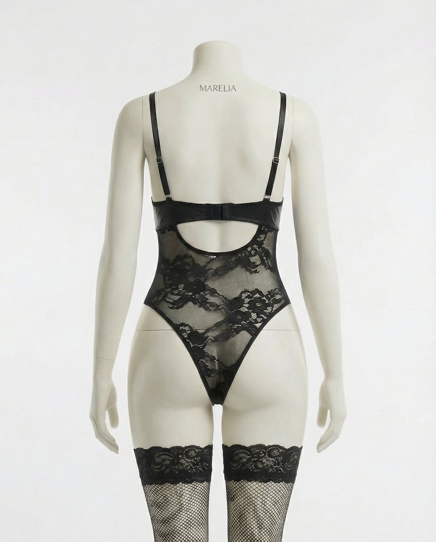 Black Faux Leather And Lace Bodysuit With Suspender Belt - Marelia