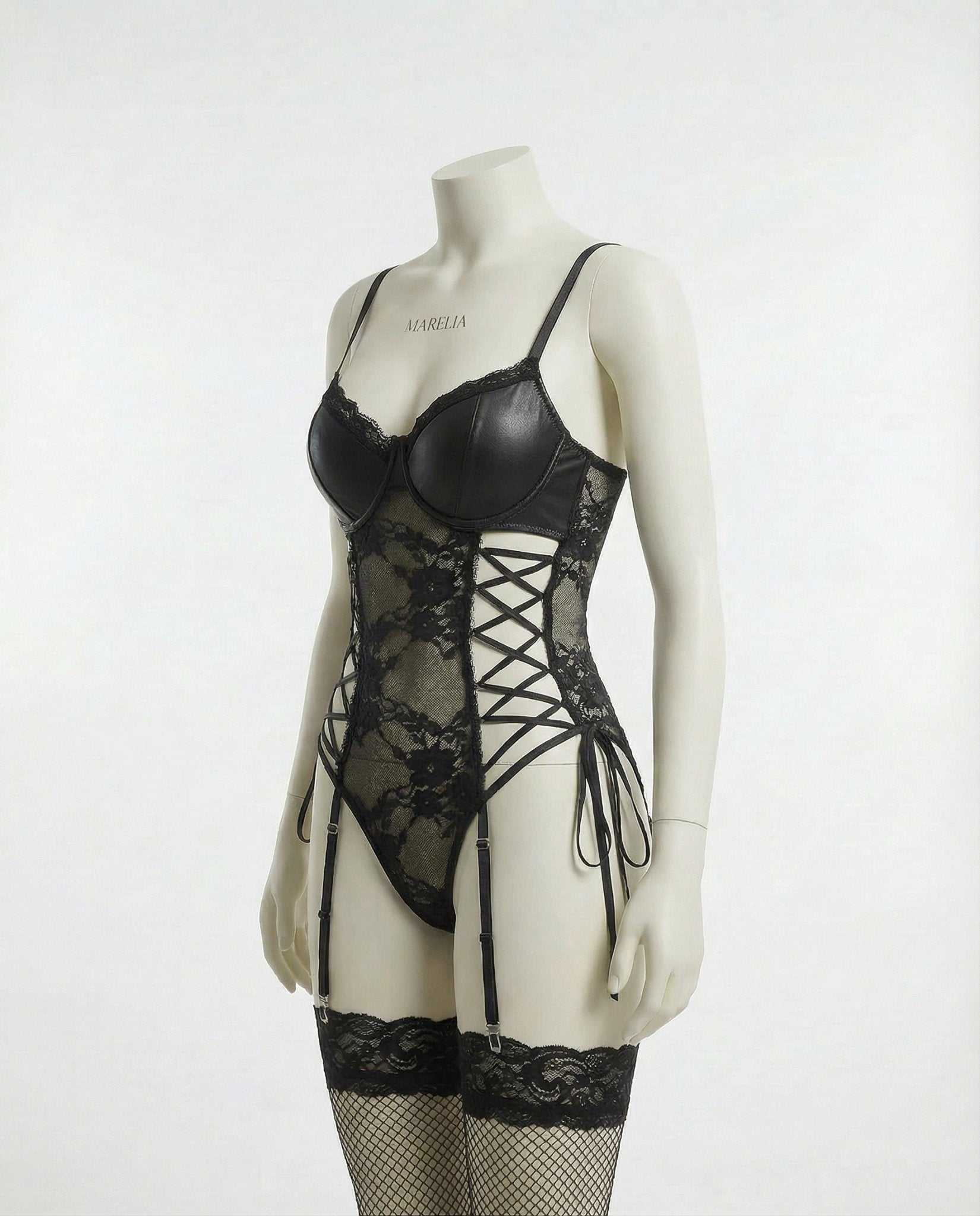Black Faux Leather And Lace Bodysuit With Suspender Belt - Marelia