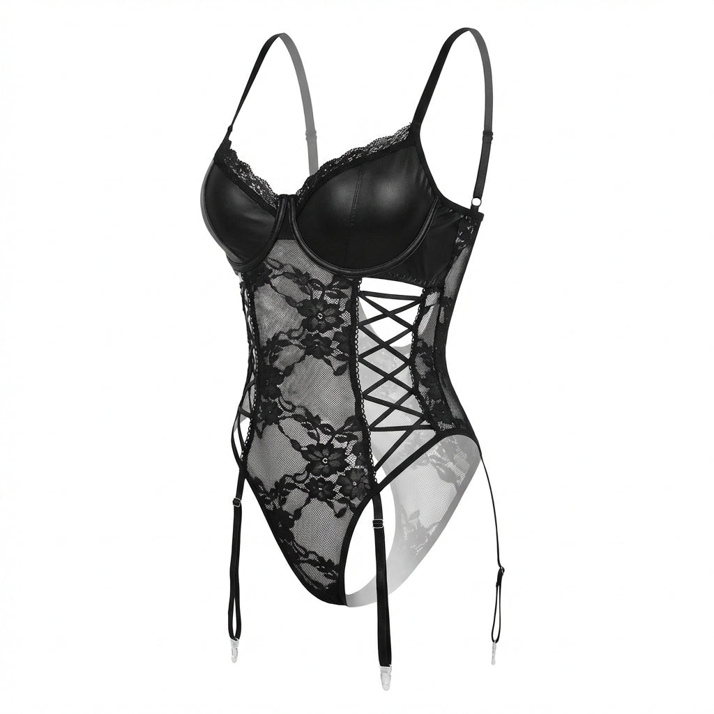 Black Faux Leather And Lace Bodysuit With Suspender Belt - Marelia
