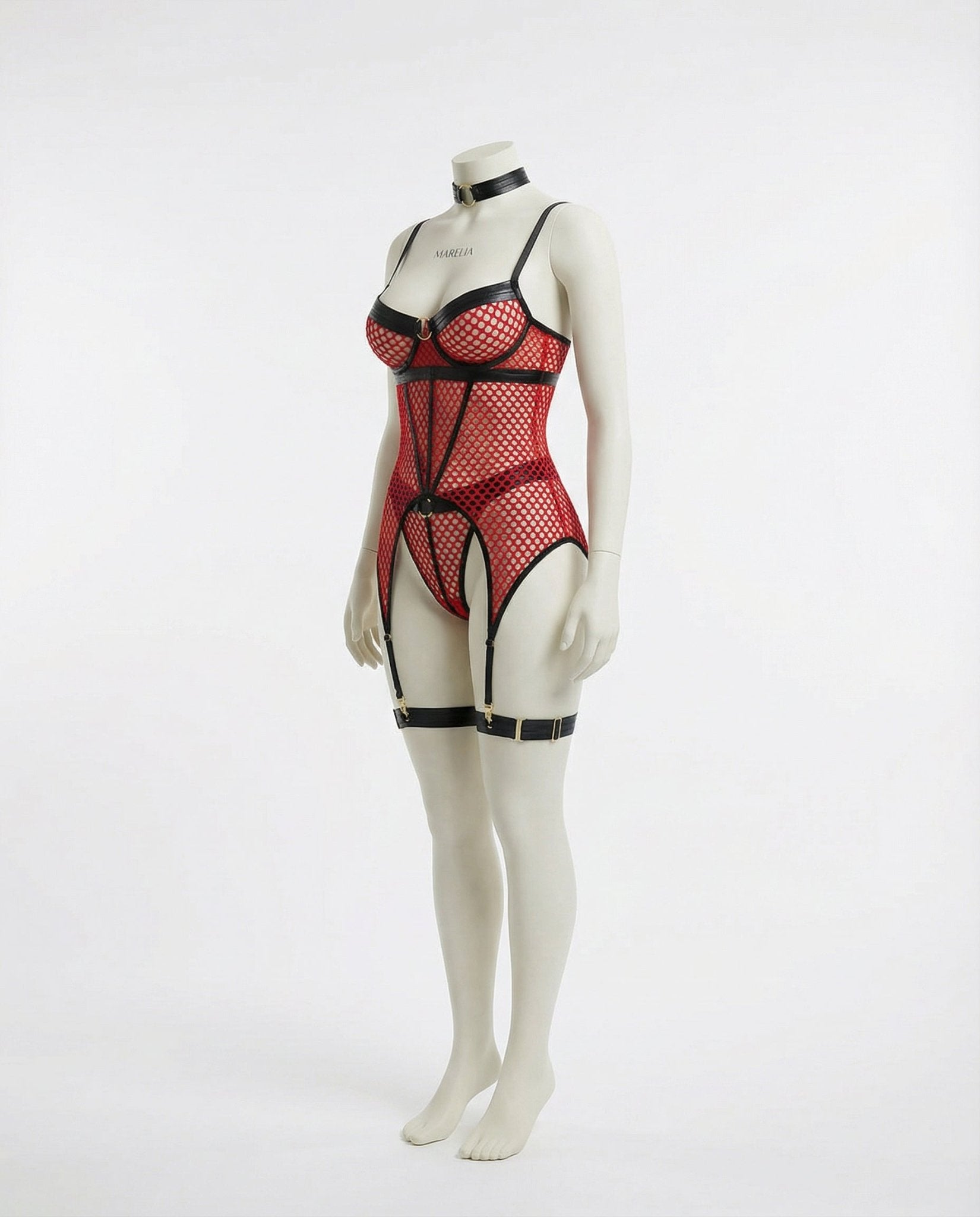 Red Fishnet Bodysuit With Garter Straps - Marelia