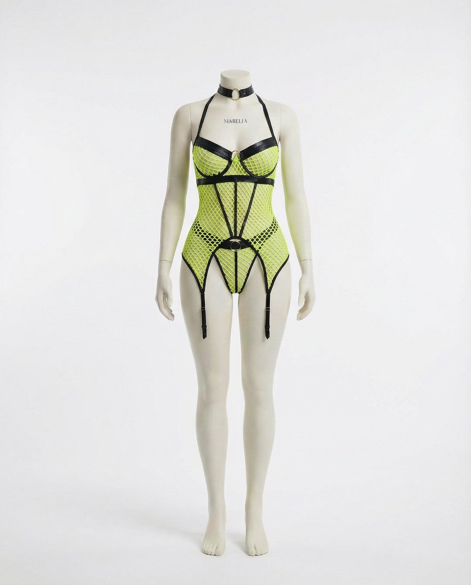 Neon Green Fishnet Bodysuit With Garter Straps - Marelia