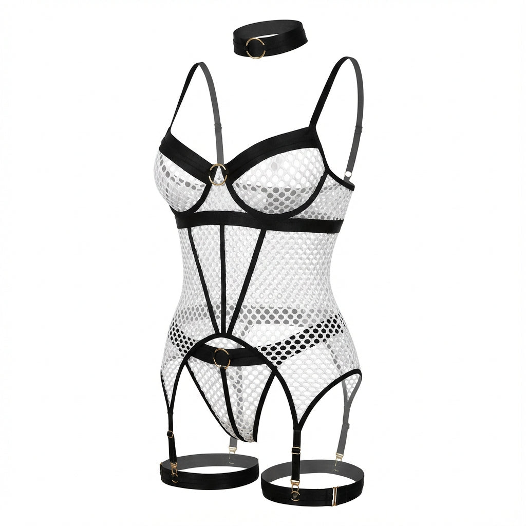White Fishnet Bodysuit With Garter Straps - Marelia