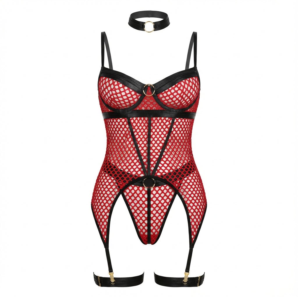 Red Fishnet Bodysuit With Garter Straps - Marelia