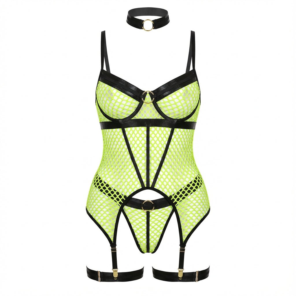 Neon Green Fishnet Bodysuit With Garter Straps - Marelia