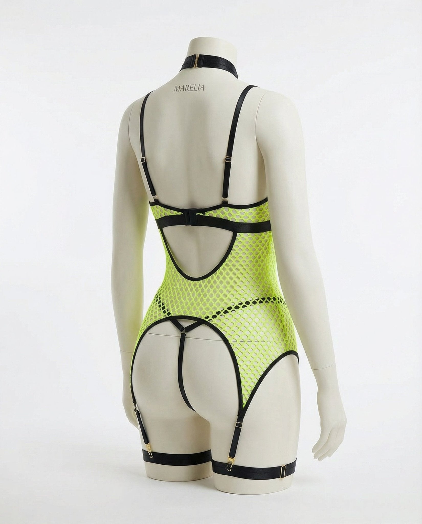 Neon Green Fishnet Bodysuit With Garter Straps - Marelia