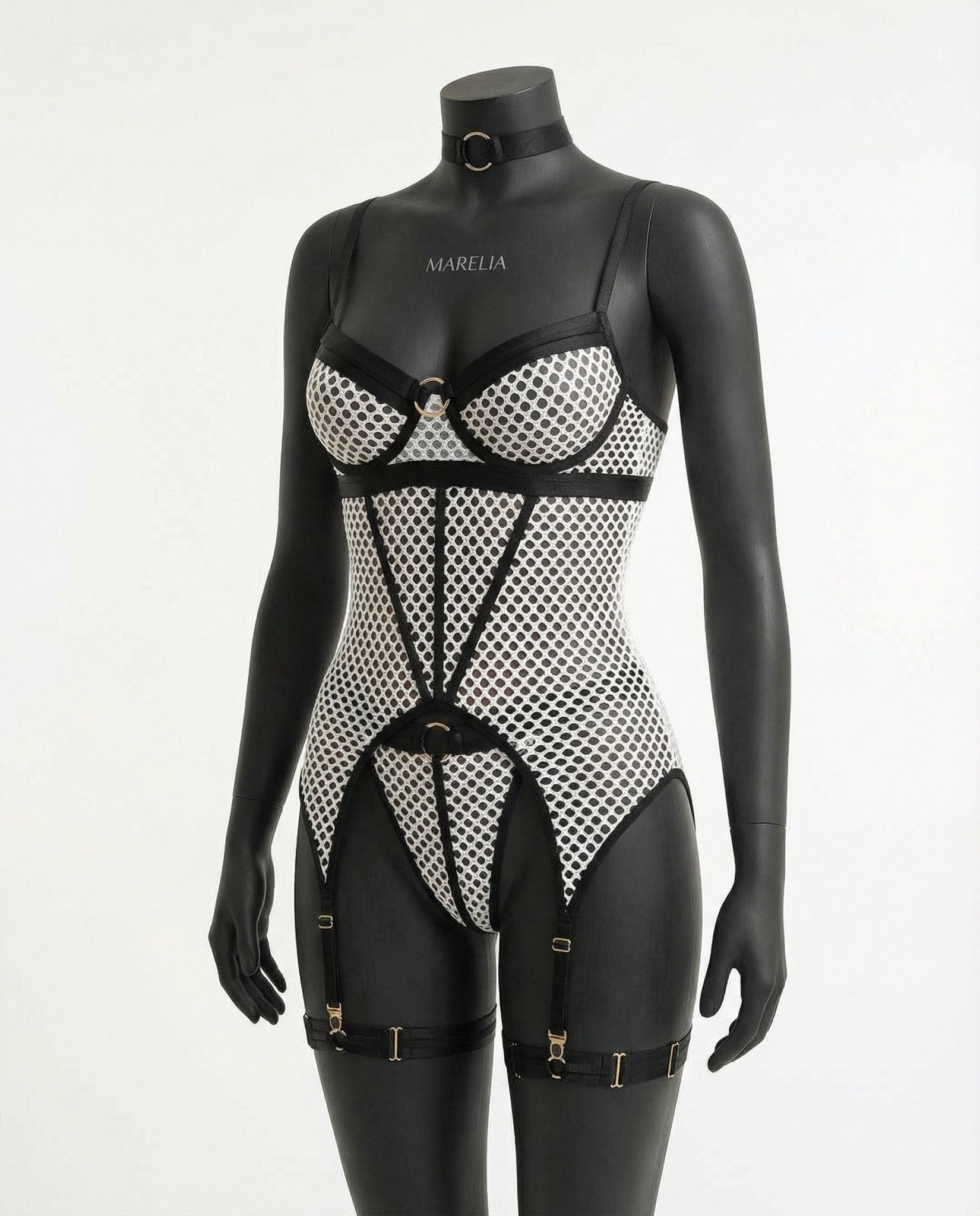 White Fishnet Bodysuit With Garter Straps - Marelia
