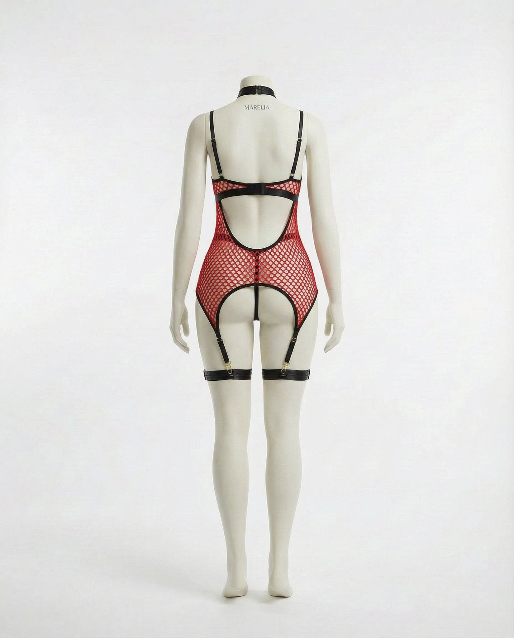 Red Fishnet Bodysuit With Garter Straps - Marelia