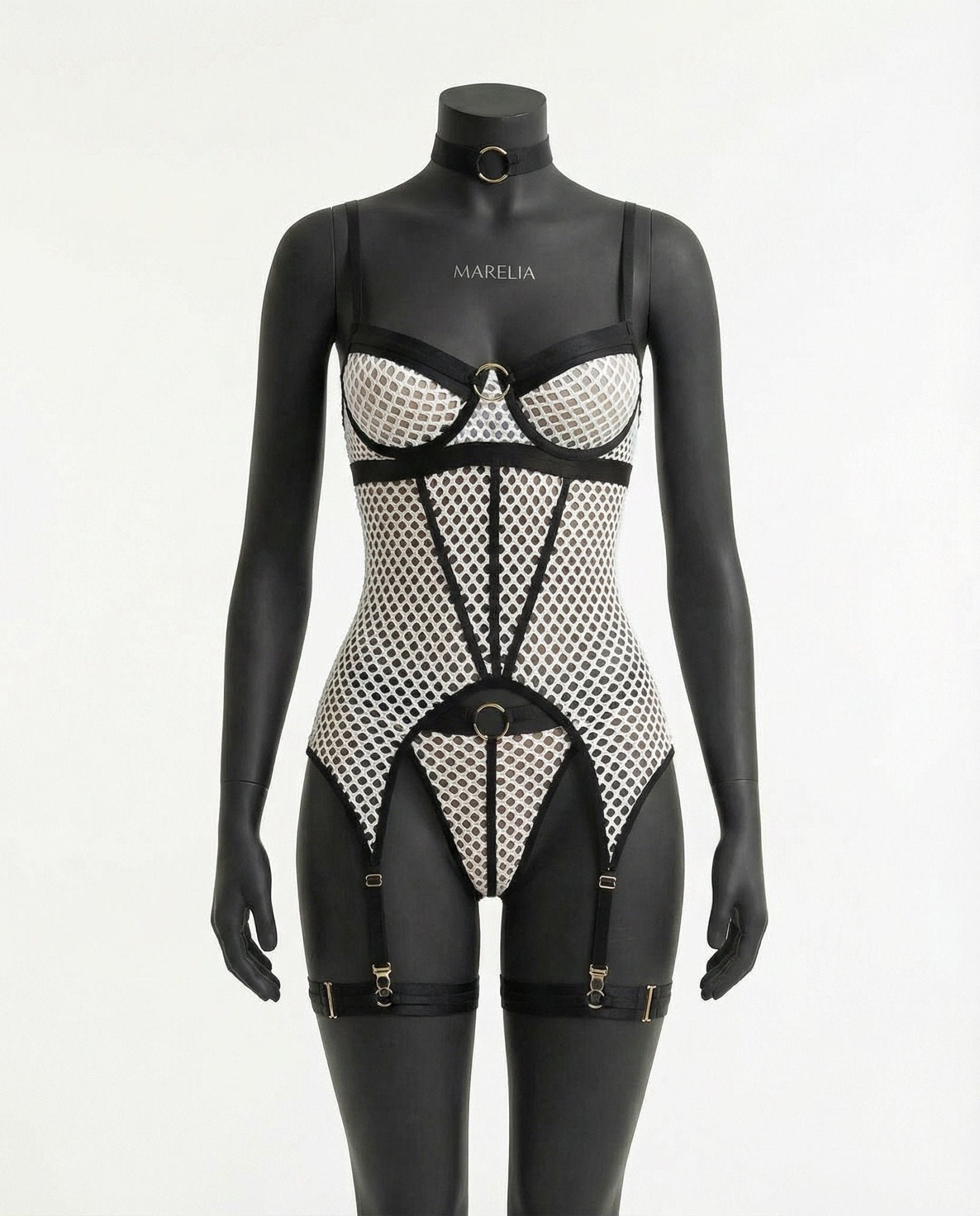 White Fishnet Bodysuit With Garter Straps - Marelia