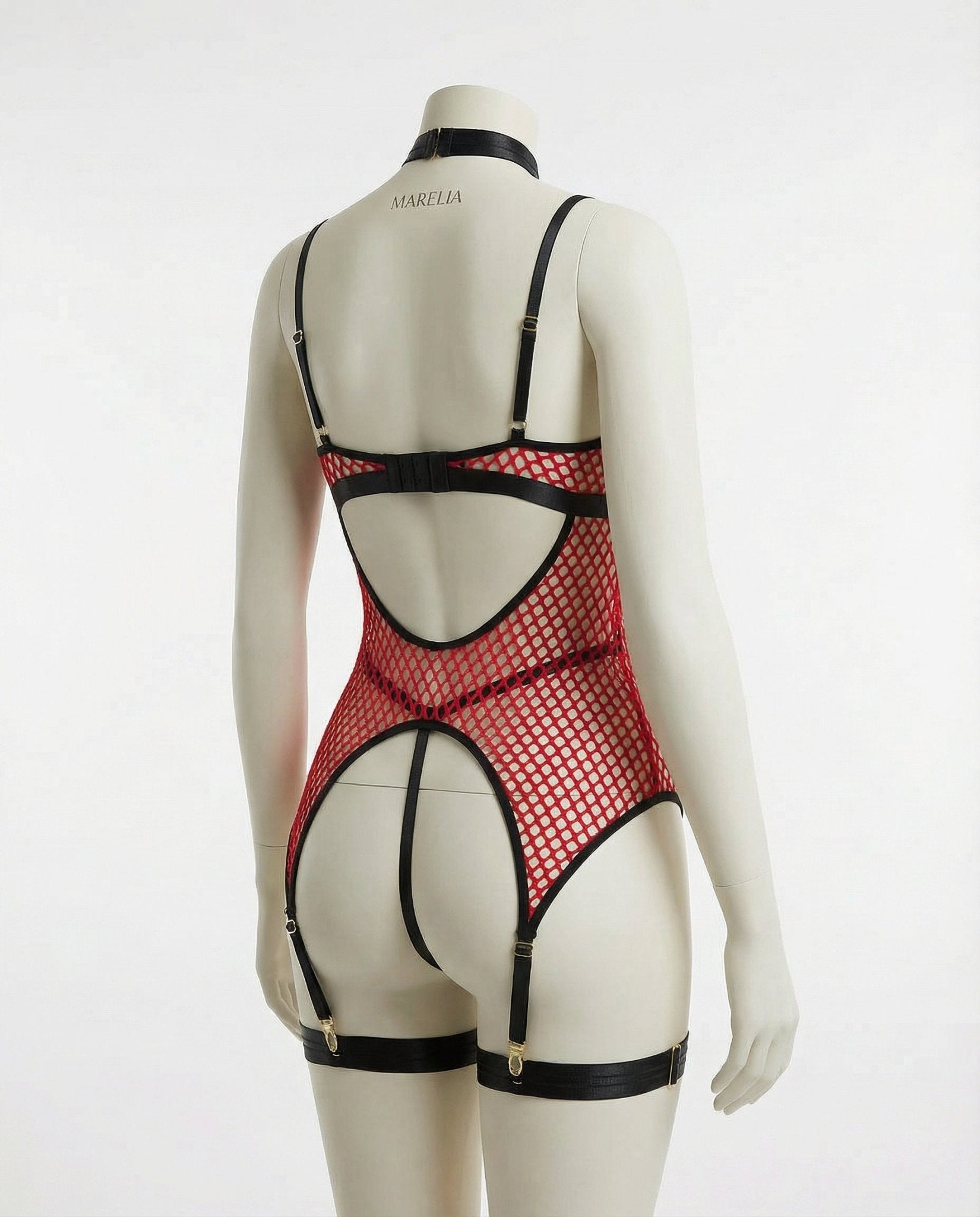 Red Fishnet Bodysuit With Garter Straps - Marelia