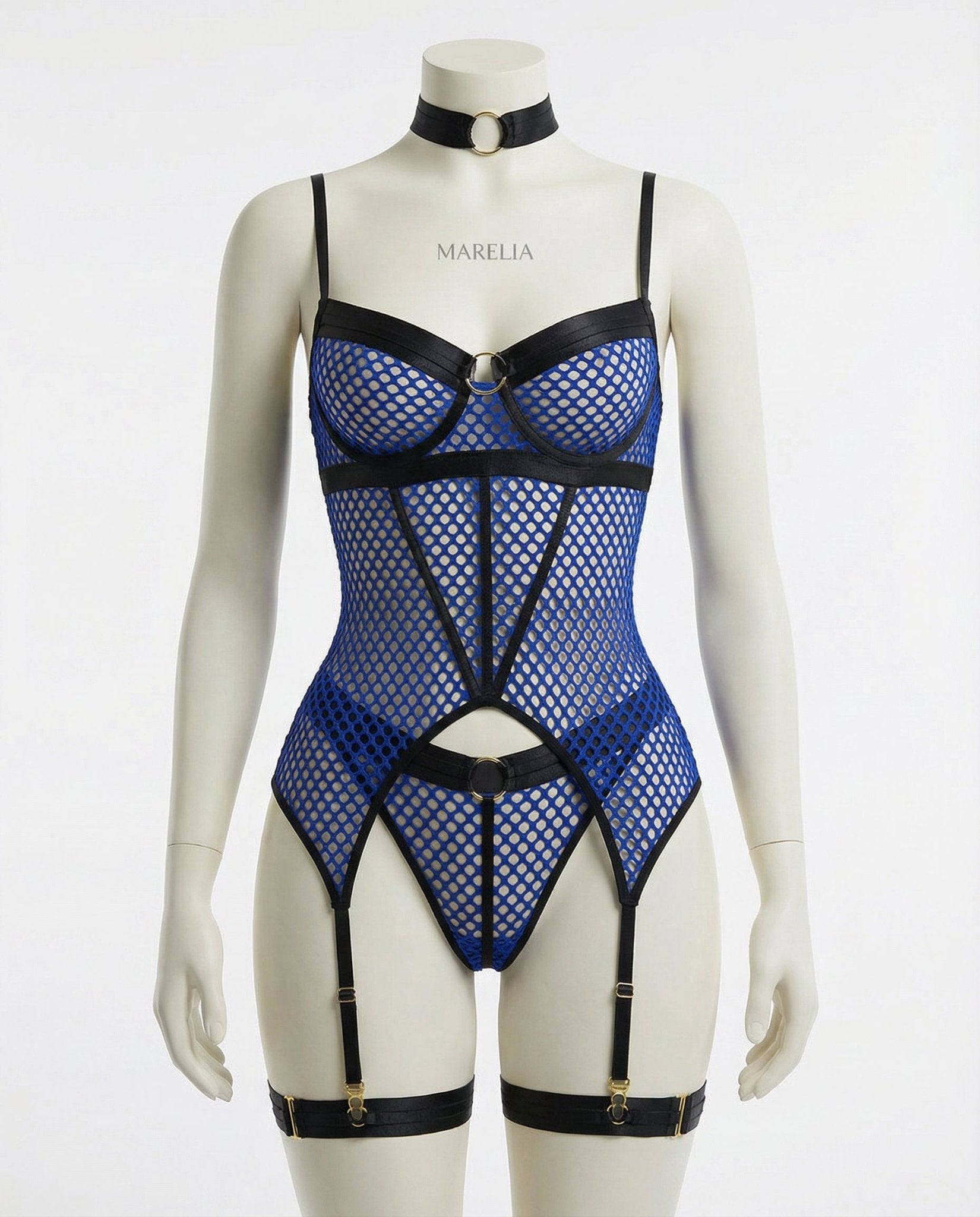 Blue Fishnet Bodysuit With Garter Straps - Marelia