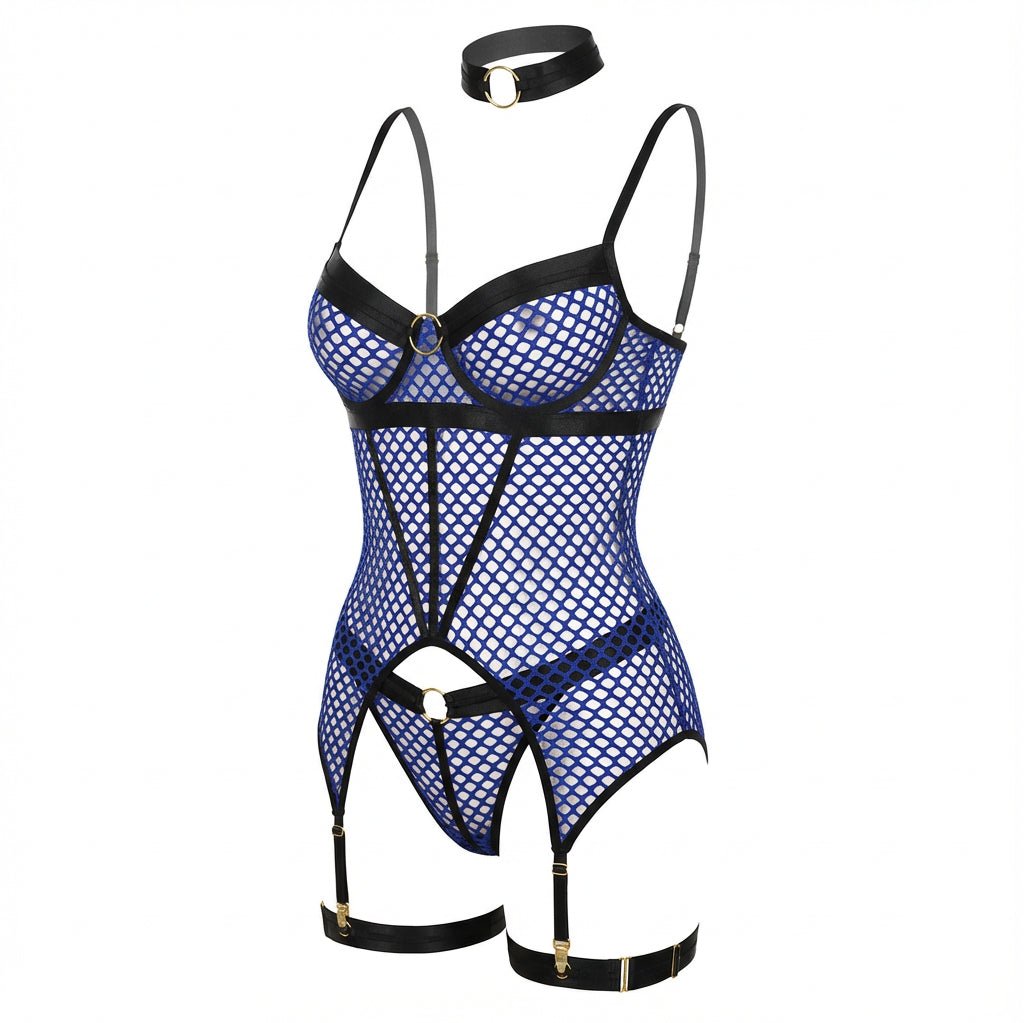 Blue Fishnet Bodysuit With Garter Straps - Marelia